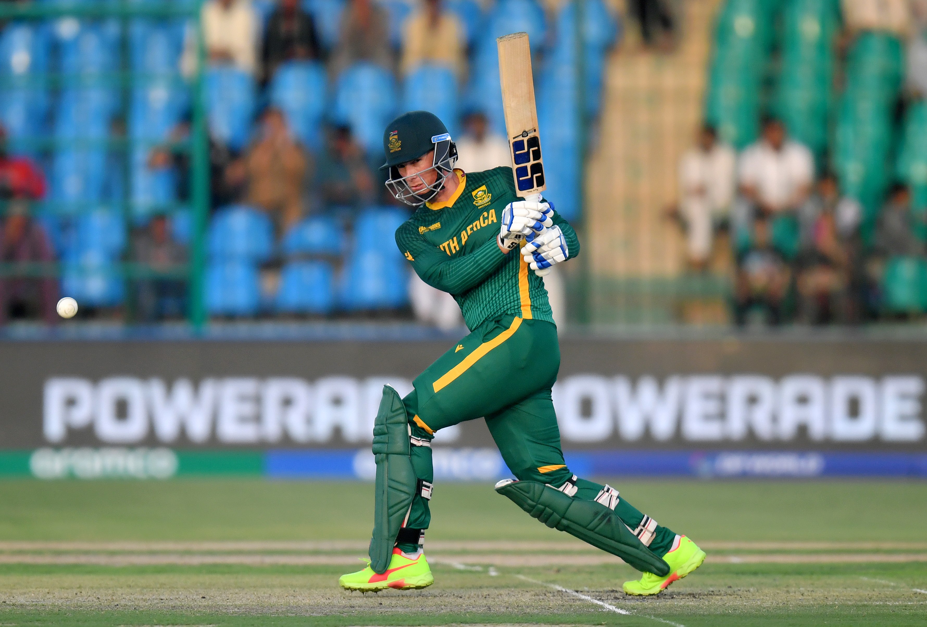 KARACHI, PAKISTAN - MARCH 01: Rassie van der Dussen of South Africa bats during the ICC Champions Trophy 2025 match between South Africa and England at National Stadium on March 01, 2025 in Karachi, Pakistan. (Photo by Sameer Ali/Getty Images)