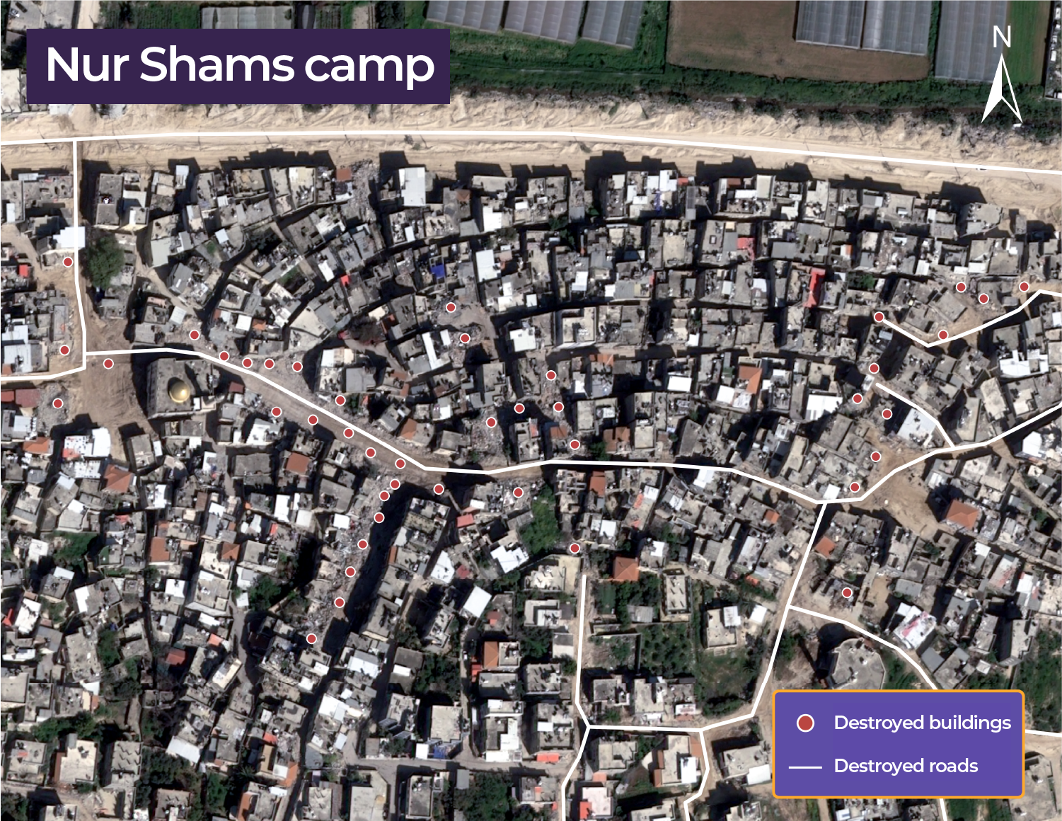 Satellite image showing destroyed buildings and roads in Nur Shams refugee camp, March 12, 2025 [Airbus]