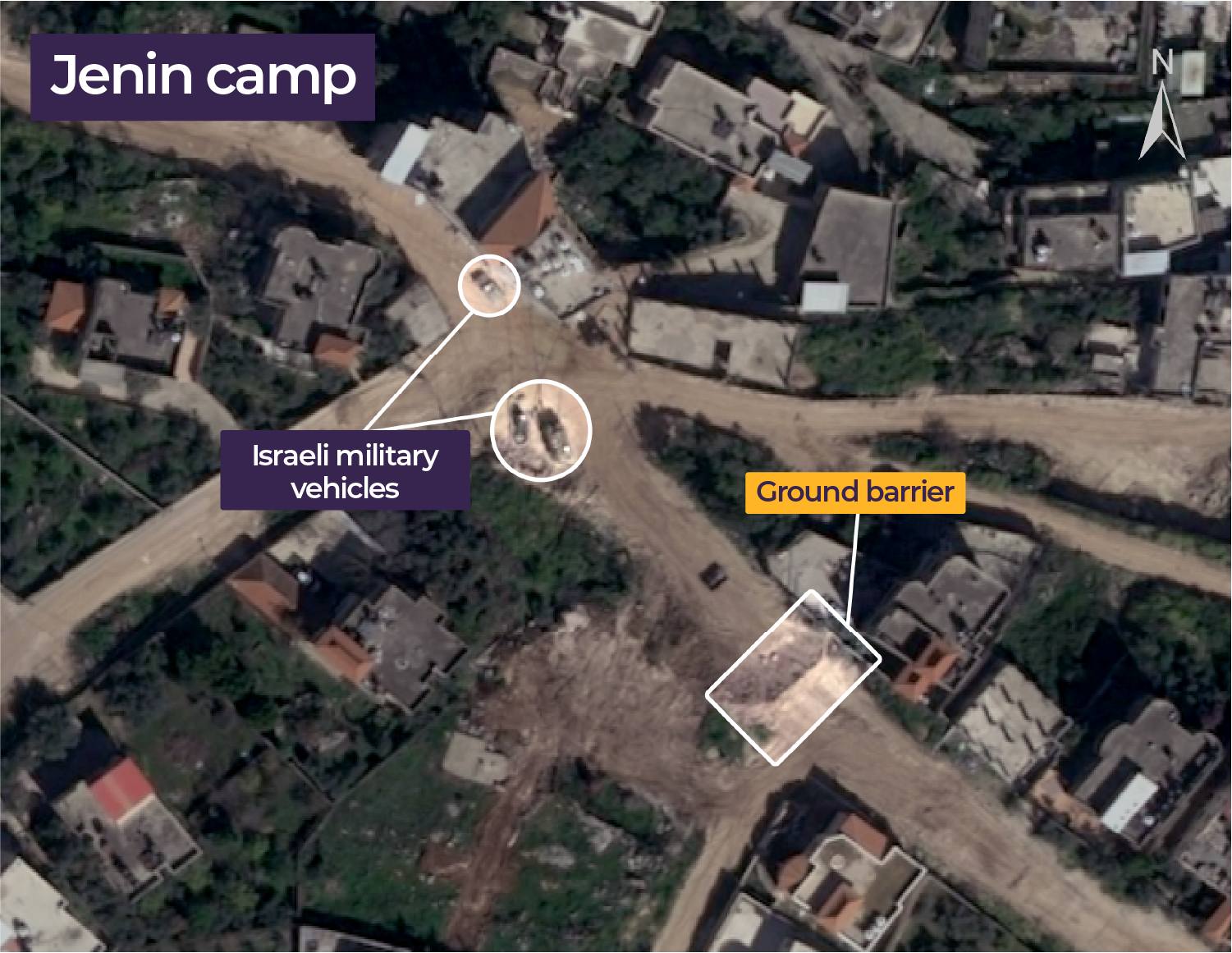 Satellite image showing Israeli military vehicles and a ground checkpoint in Jenin refugee camp, March 12, 2025, [Airbus]