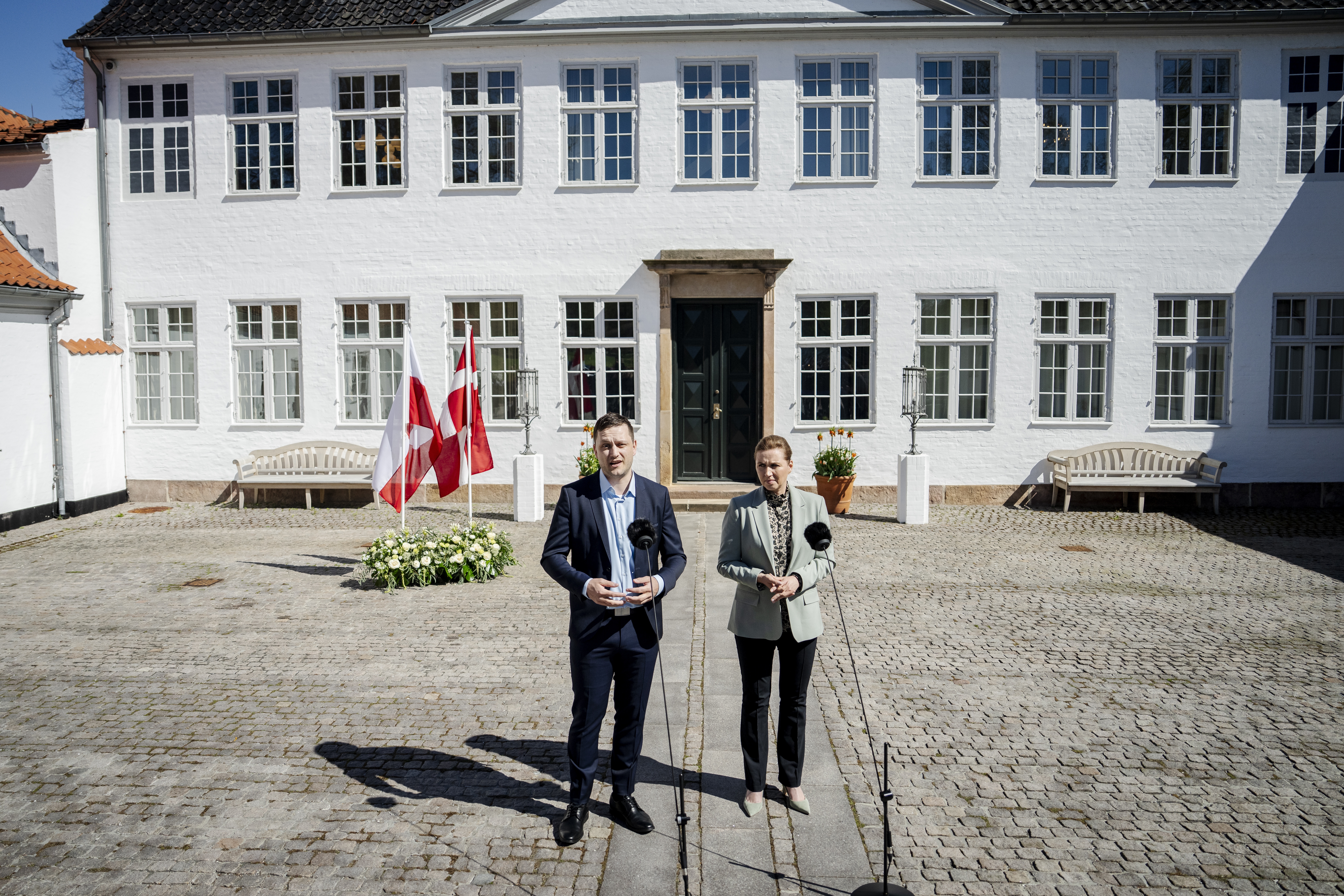 Danish Prime Minister Mette Frederiksen (R) and Greenland's Prime Minister Jens-Frederik Nielsen give a press conference at the prime minister's residence Marienborg in Kongens Lyngby, Denmark on 27 April 2025.