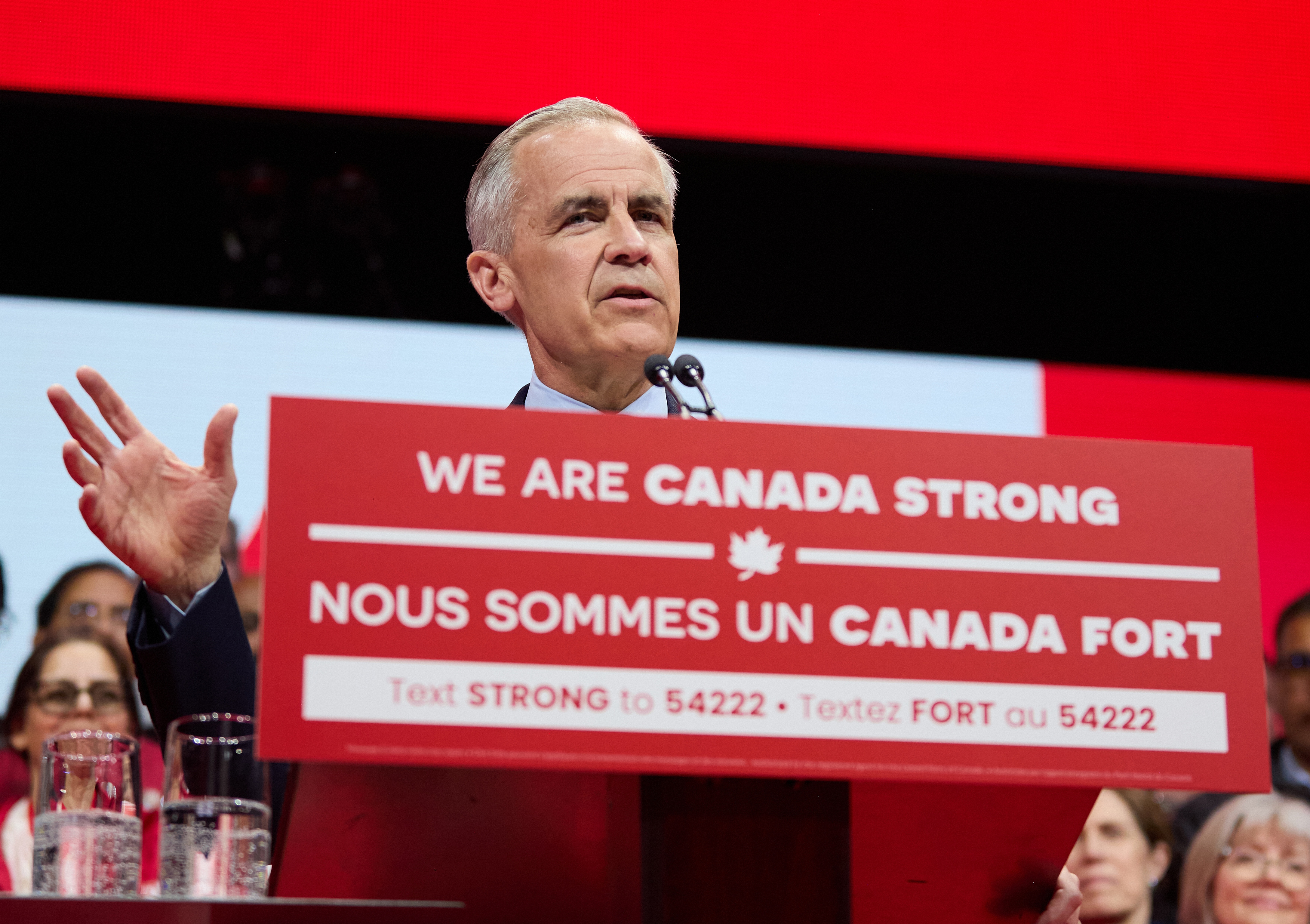 Canadian Prime Minister Mark Carney delivers remarks to supporters at the Liberal Party election night event in Ottawa, Ontario, Canada, 28 April 2025. Carney was elected prime minister after Canadians went to the polls earlier in the day.