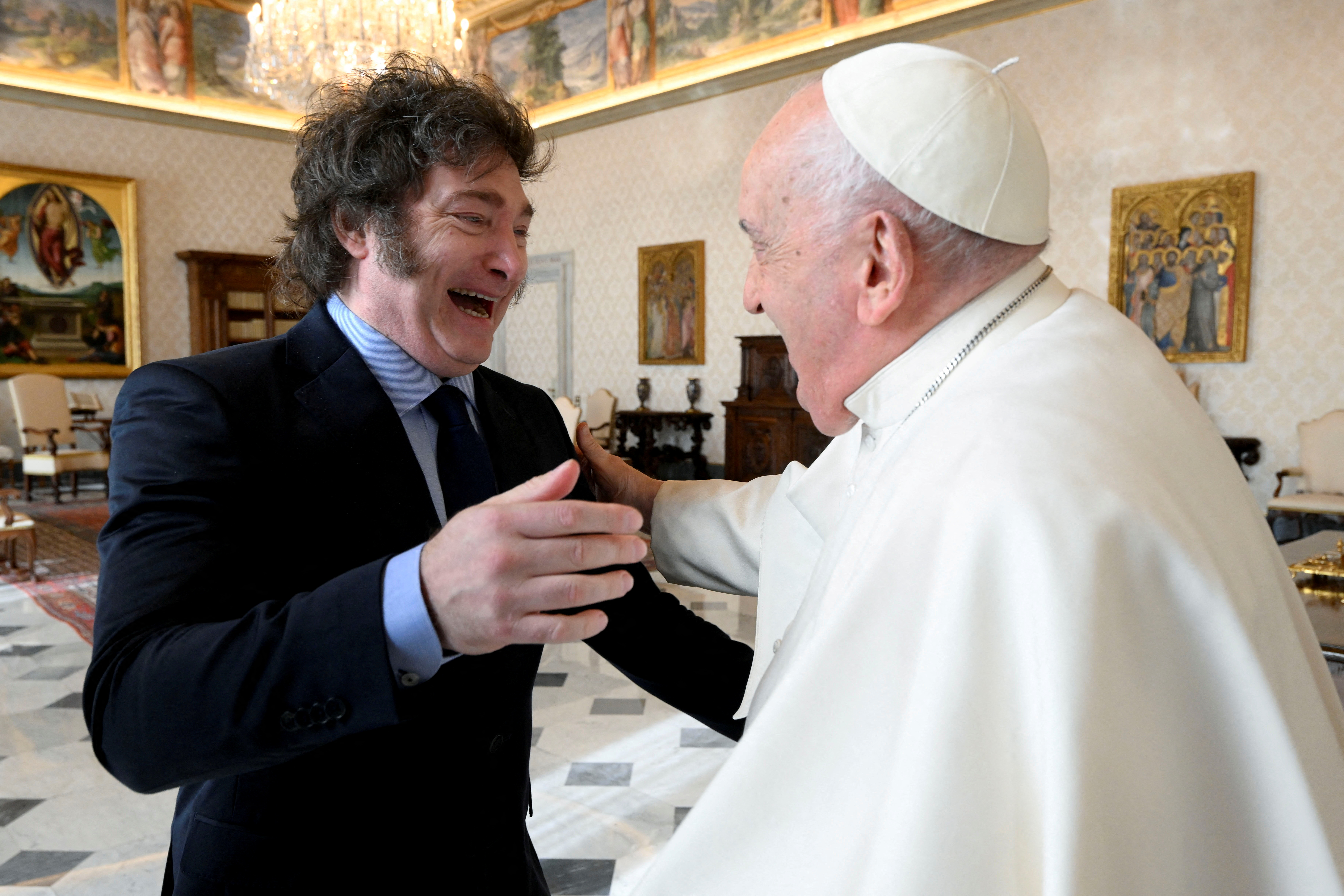 Pope Francis meets Argentine President Javier Milei at the Vatican, February 12, 2024. 