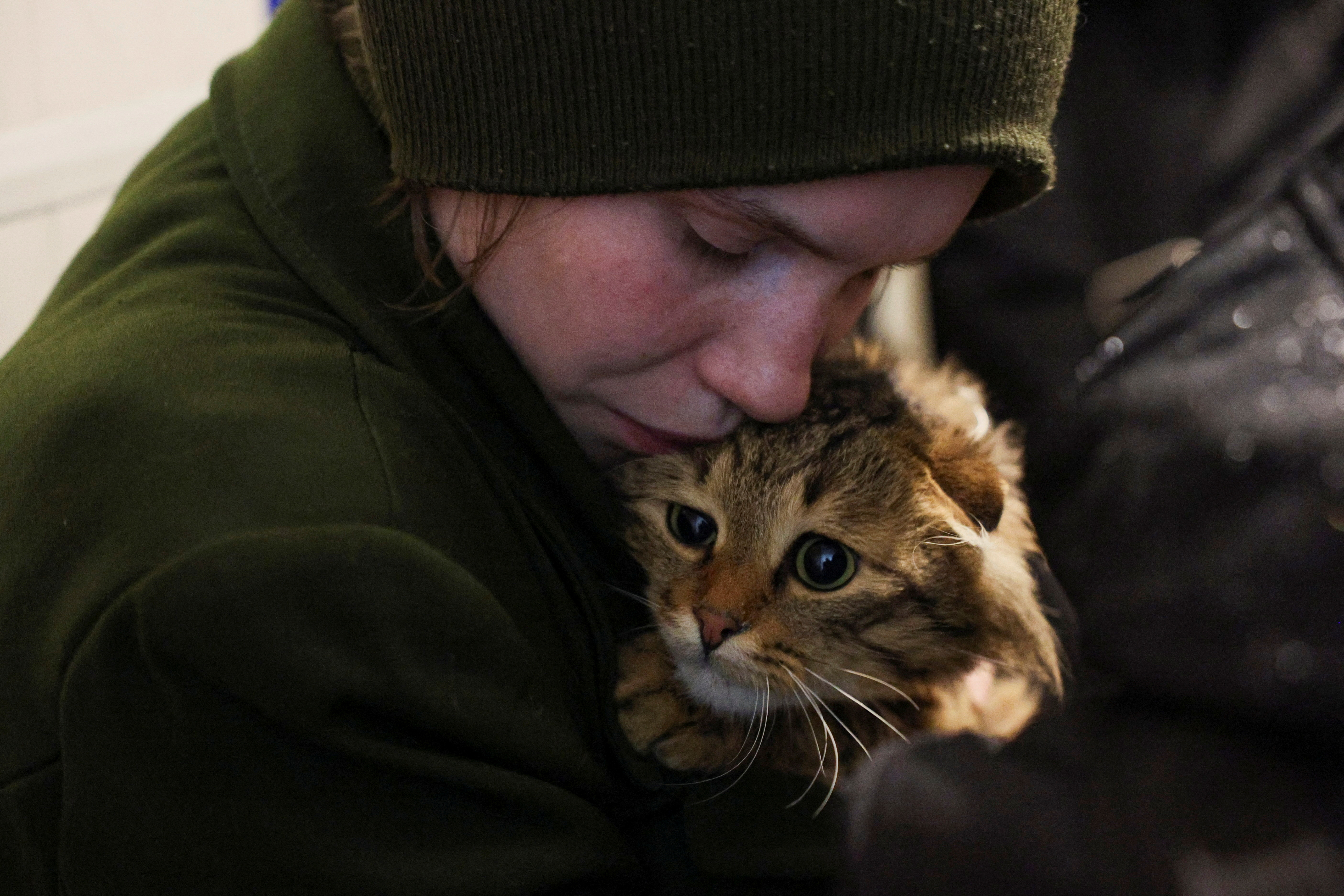 Nurse Kateryna, 24, an internally displaced person (IDP) evacuated from the eastern frontline city of Kostyantynivka, comforts her cat Abu at a transit center, amid Russia's attack on Ukraine, in Pavlohrad, Dnipropetrovsk region, Ukraine March 31, 2025. REUTERS/Violeta Santos Moura TPX IMAGES OF THE DAY