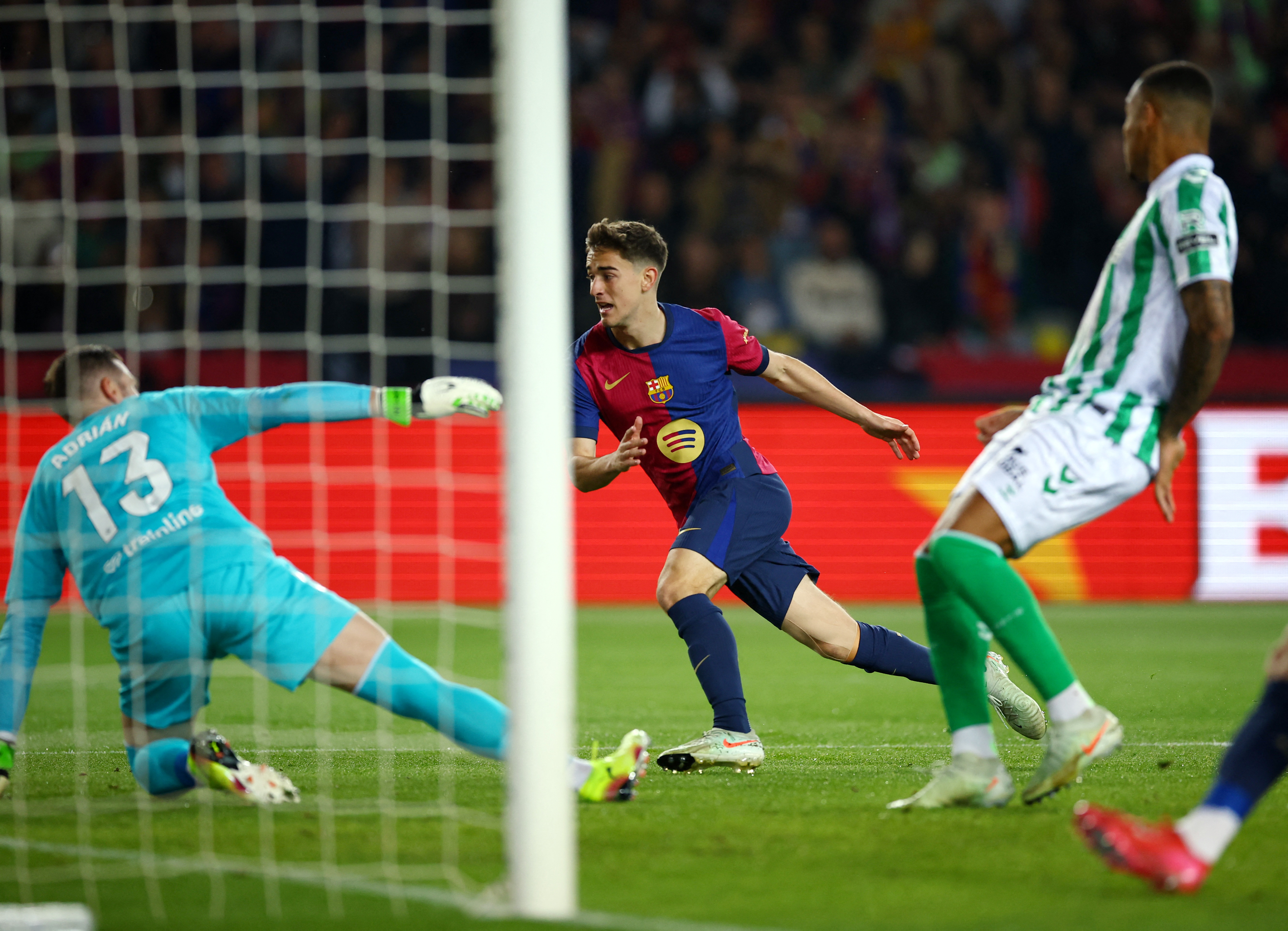 Soccer Football - LaLiga - FC Barcelona v Real Betis - Estadi Olimpic Lluis Companys, Barcelona, Spain - April 5, 2025 FC Barcelona's Gavi scores their first goal REUTERS/Albert Gea