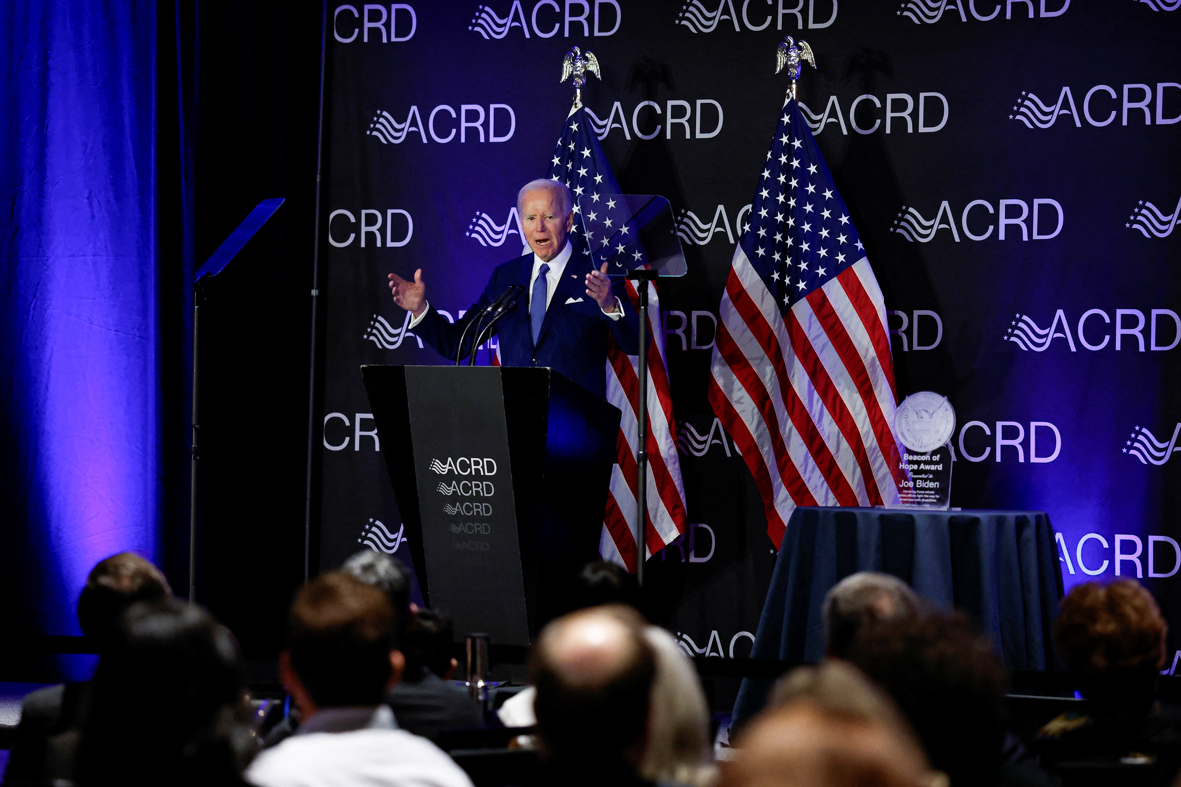 Former U.S. President Joe Biden makes his first major speech since leaving office, at the Advocates, Counselors, and Representatives for the Disabled (ACRD) conference in Chicago, Illinois, U.S. April 15, 2025. REUTERS/Kamil Krzaczynski