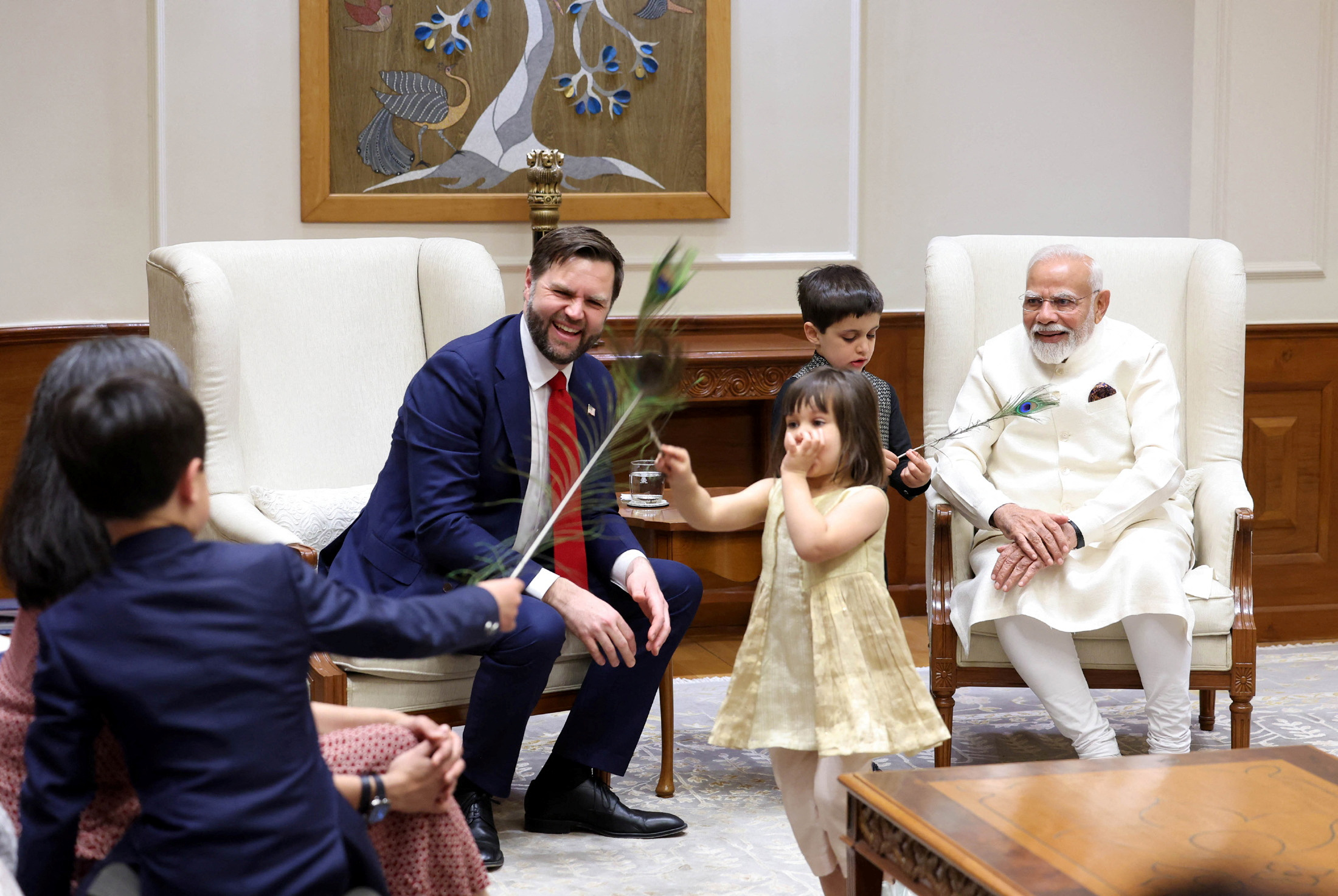 India's Prime Minister Narendra Modi meets U.S. Vice President JD Vance, second lady Usha Vance and their children at his residence in New Delhi, India, April 21, 2025. India's Press Information Bureau/Handout via REUTERS THIS IMAGE HAS BEEN SUPPLIED BY A THIRD PARTY. NO RESALES. NO ARCHIVES.