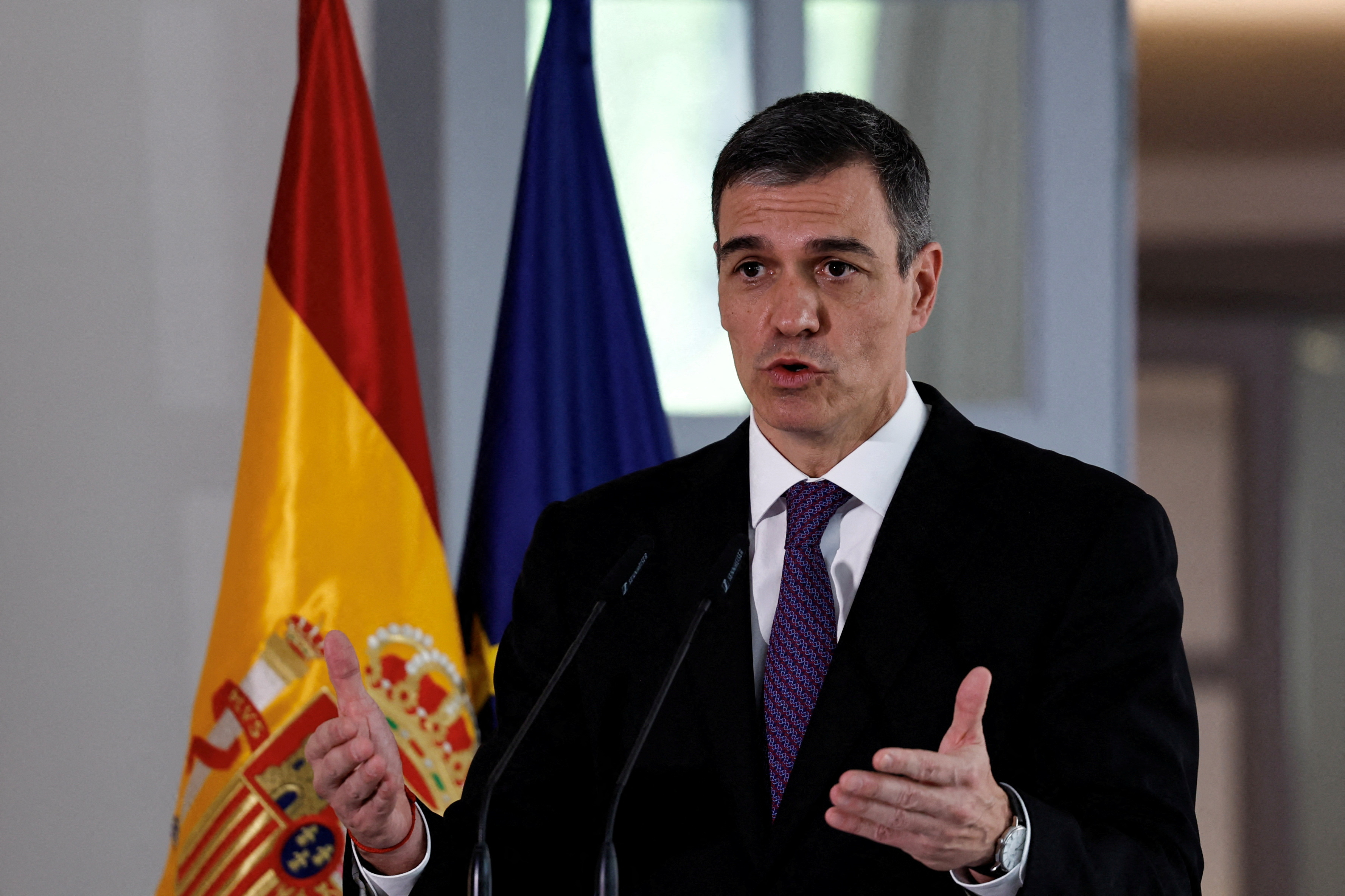 Spanish Prime Minister Pedro Sanchez speaks during a news conference at the Spanish Embassy in Beijing, China April 11, 2025 [Tingshu Wang/Reuters]
