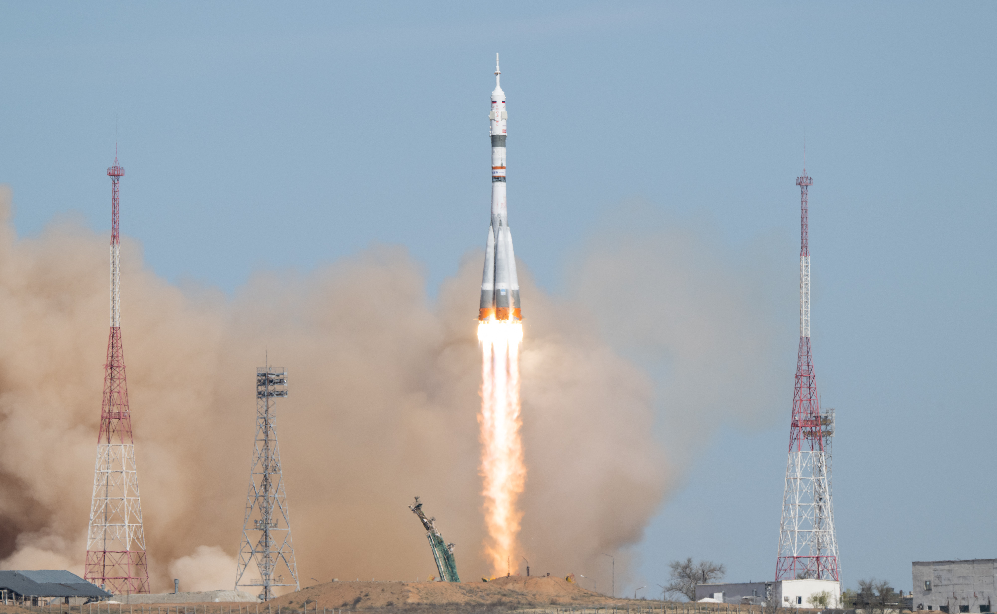 Soyuz MS-27 spacecraft blasting off the launch pad.