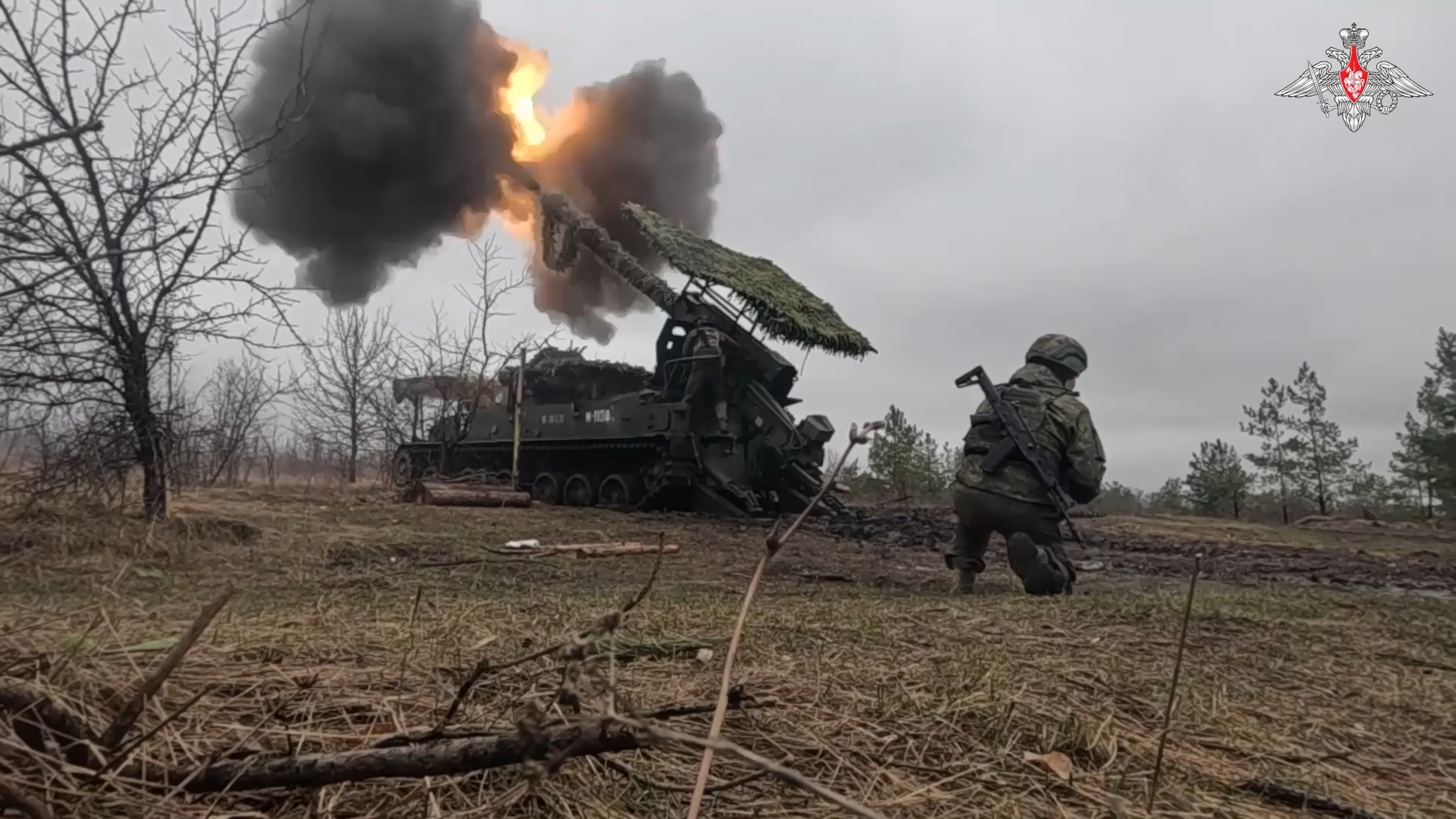 In this photo taken from video distributed by Russian Defense Ministry Press Service on Sunday, March 30, 2025, a Russian Army 2S5 howitzer Giatsint-S fires towards Ukrainian positions in Ukraine. (Russian Defense Ministry Press Service via AP)