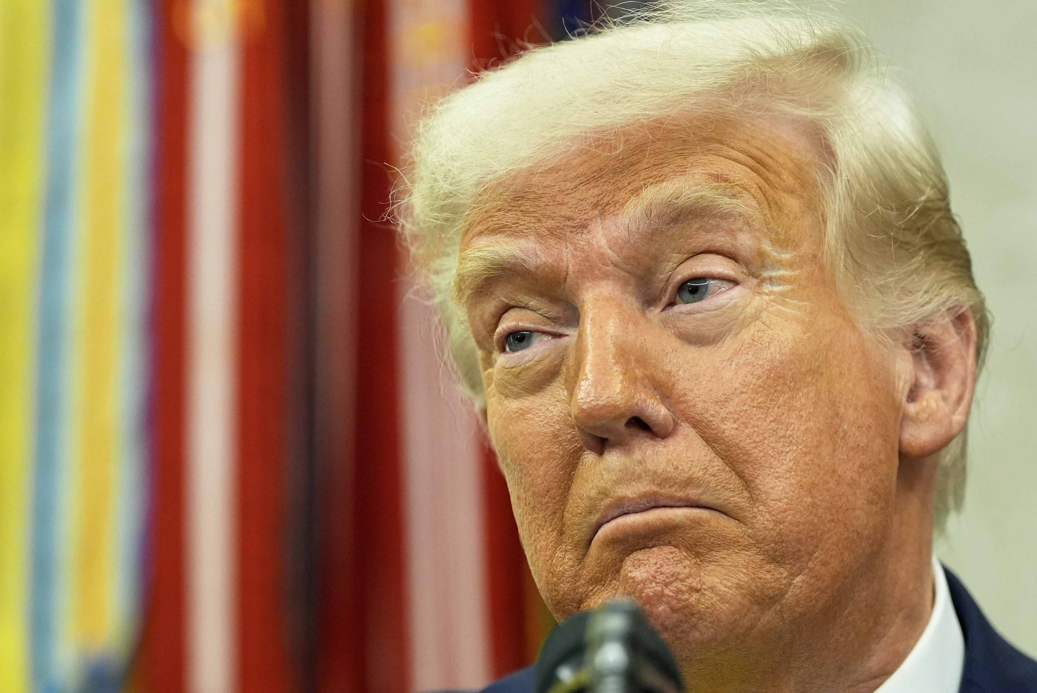 Donald Trump speaking into a microphone.