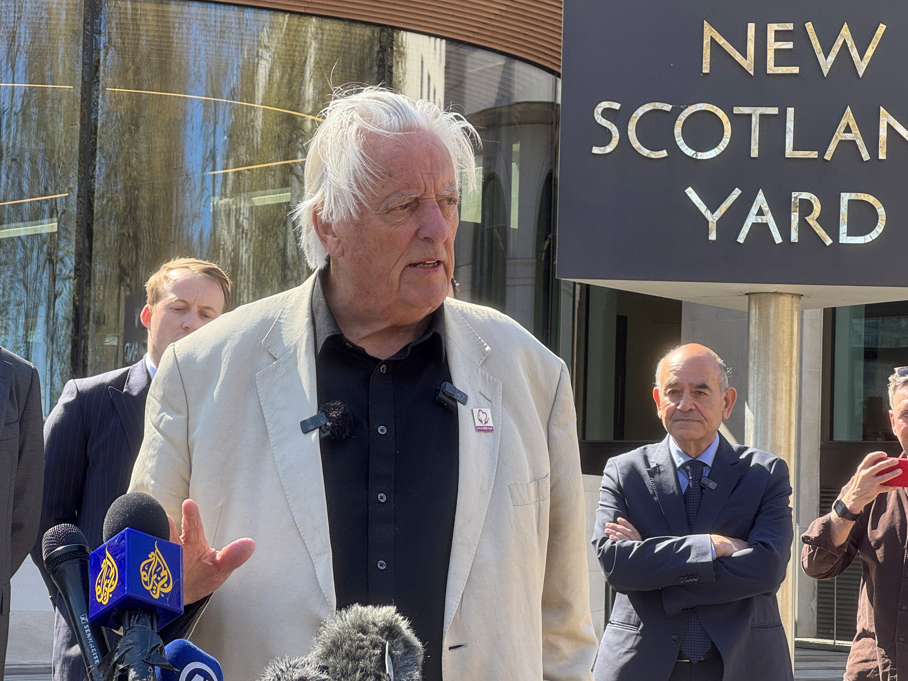 LONDON, UNITED KINGDOM - APRIL 07: Michael Mansfield, one of the legal advisors of King Charles III of England, known for his work in the field of human rights, speaks as experts from the UK-based Public Interest Law Center (PILC) and the Palestine-based Palestinian Center for Human Rights (PCHR) make a press statement after submitting a 240-page report alleging that 10 British citizens in the Israeli army committed war crimes to the Counter-Terrorism Directorate of the London Metropolitan Police, which also investigates war crimes, in London, United Kingdom on April 07, 2025. The experts filed allegations of war crimes such as murder, mass extermination, attacks on civilians, forced displacement and crimes against humanity against 10 people, including dual citizens. (Photo by Behlul Cetinkaya/Anadolu via Getty Images)