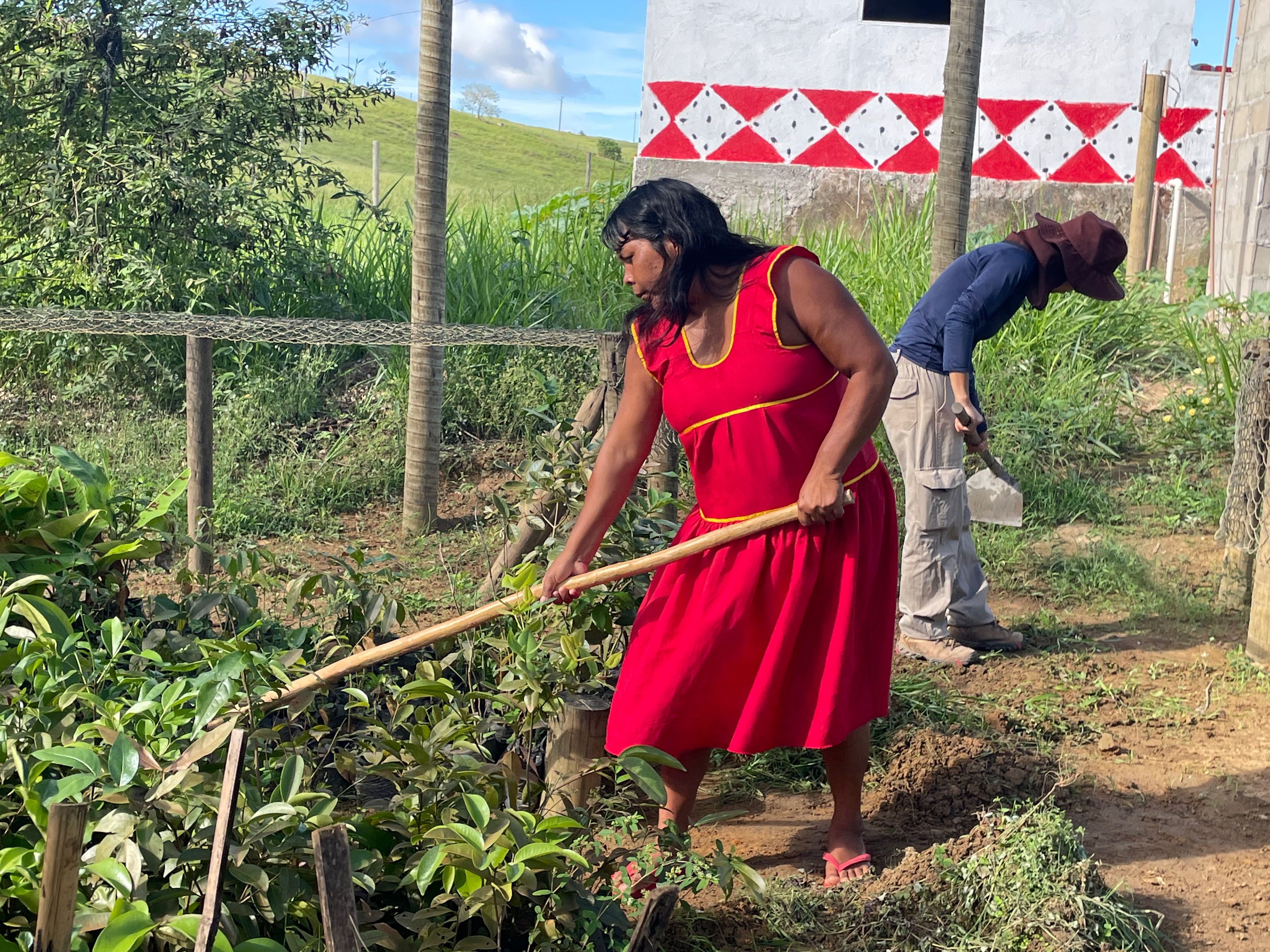 A Maxakali woman uses a hoe to tend to crops