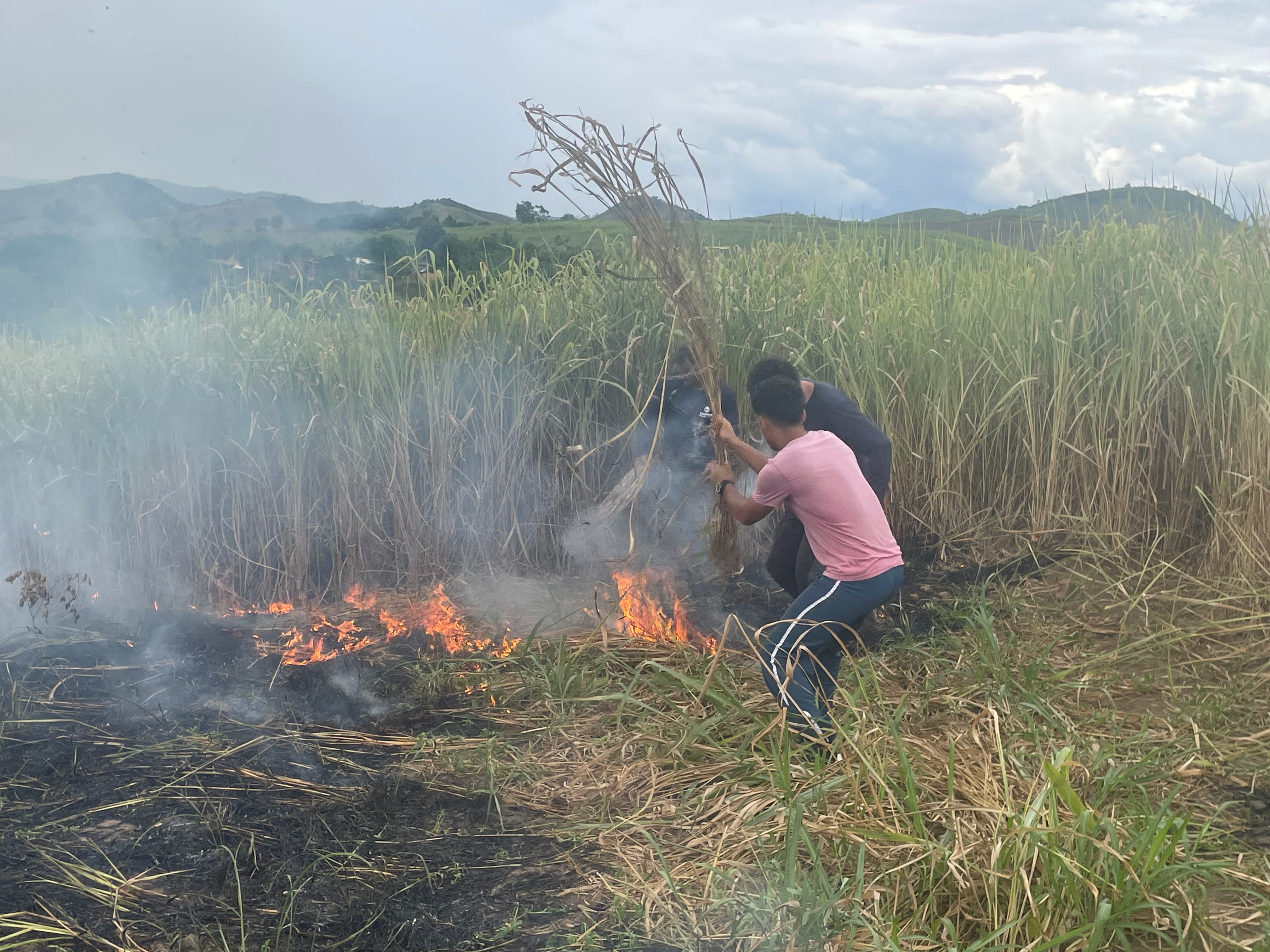 Men try to beat back flames that tear through tall grass in Minas Gerais, Brazil.