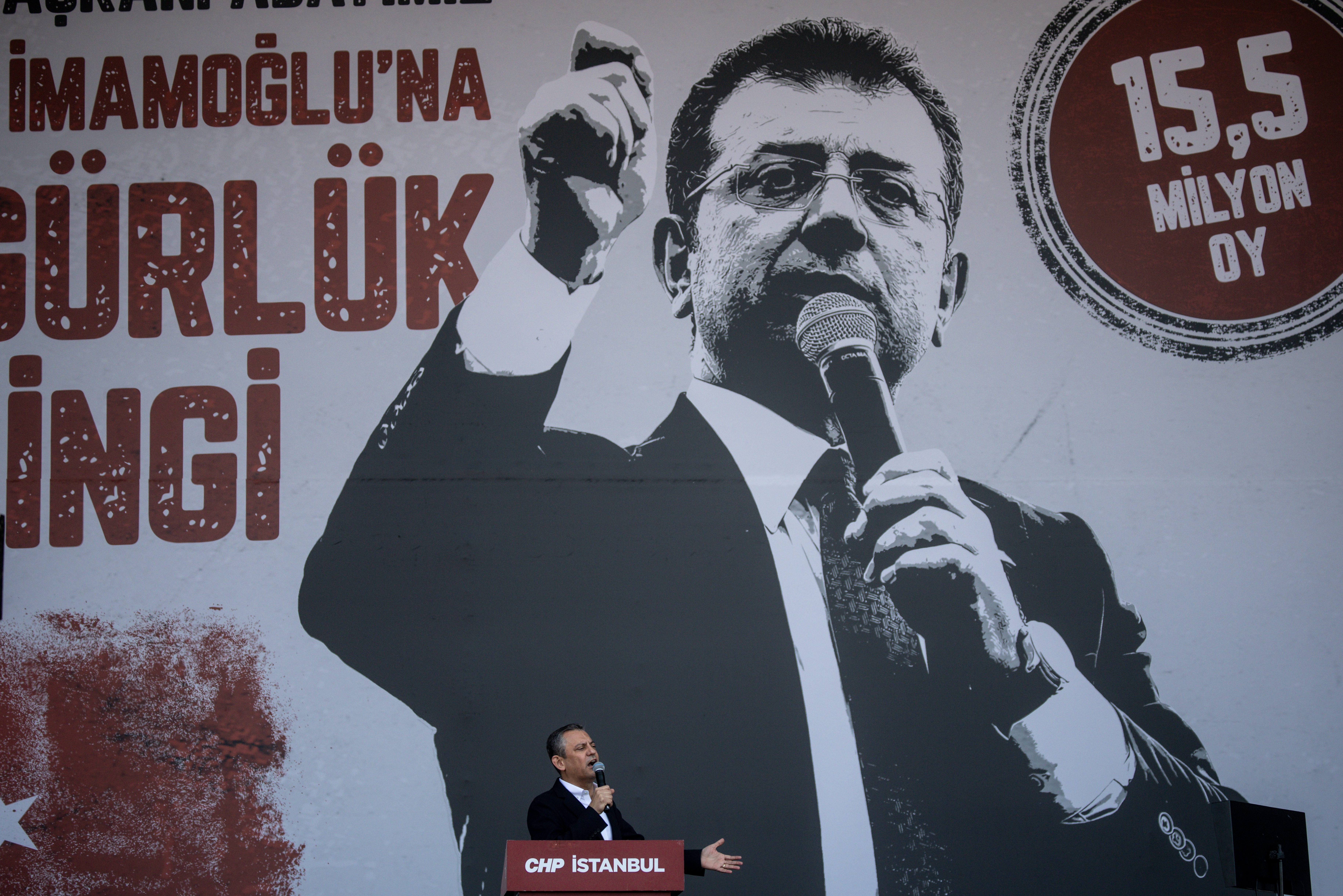CHP leader Ozgur Ozel speaks during a protest rally in support of arrested Istanbul Mayor Ekrem Imamoglu
