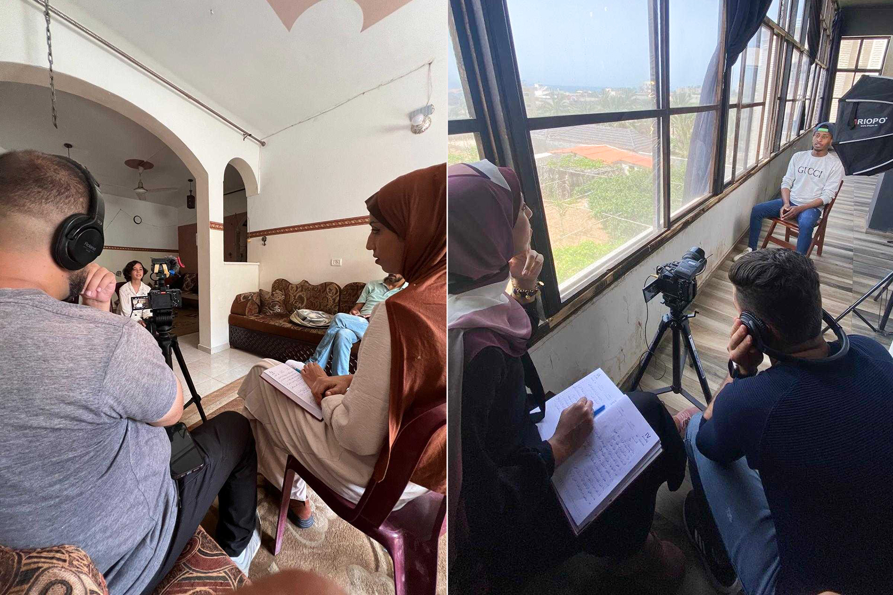 A collage of photos of Ruwaida on filmmaking projects