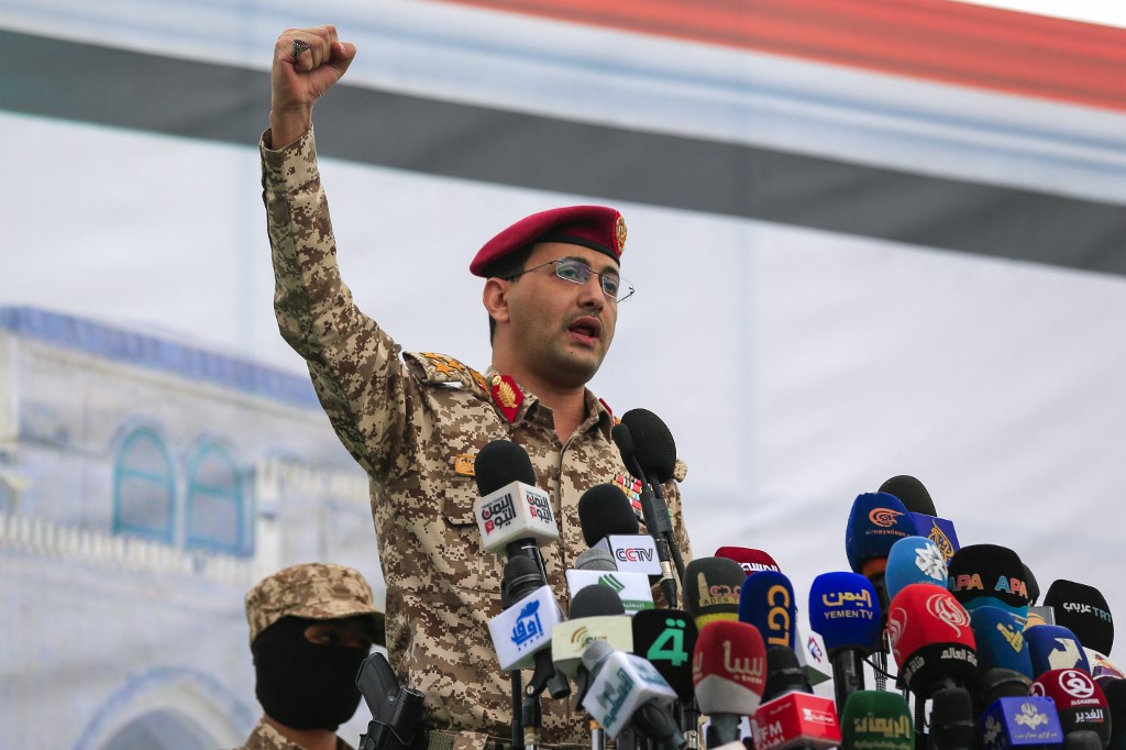 Military spokesman of Yemen's Houthi group Yahya Saree addresses a rally.