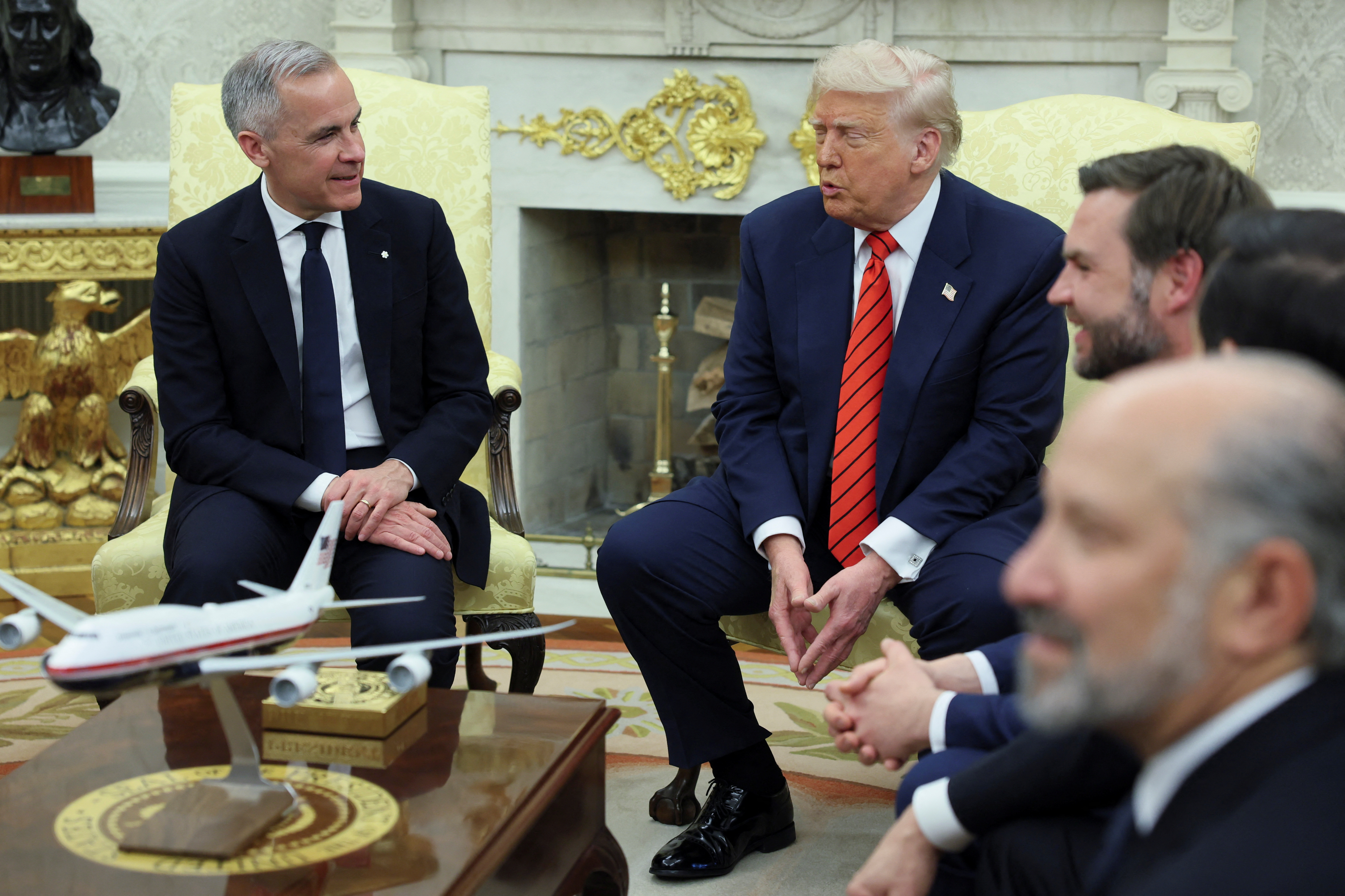 Mark Carney, Donald Trump, JD Vance and Howard Lutnick in the Oval Office.