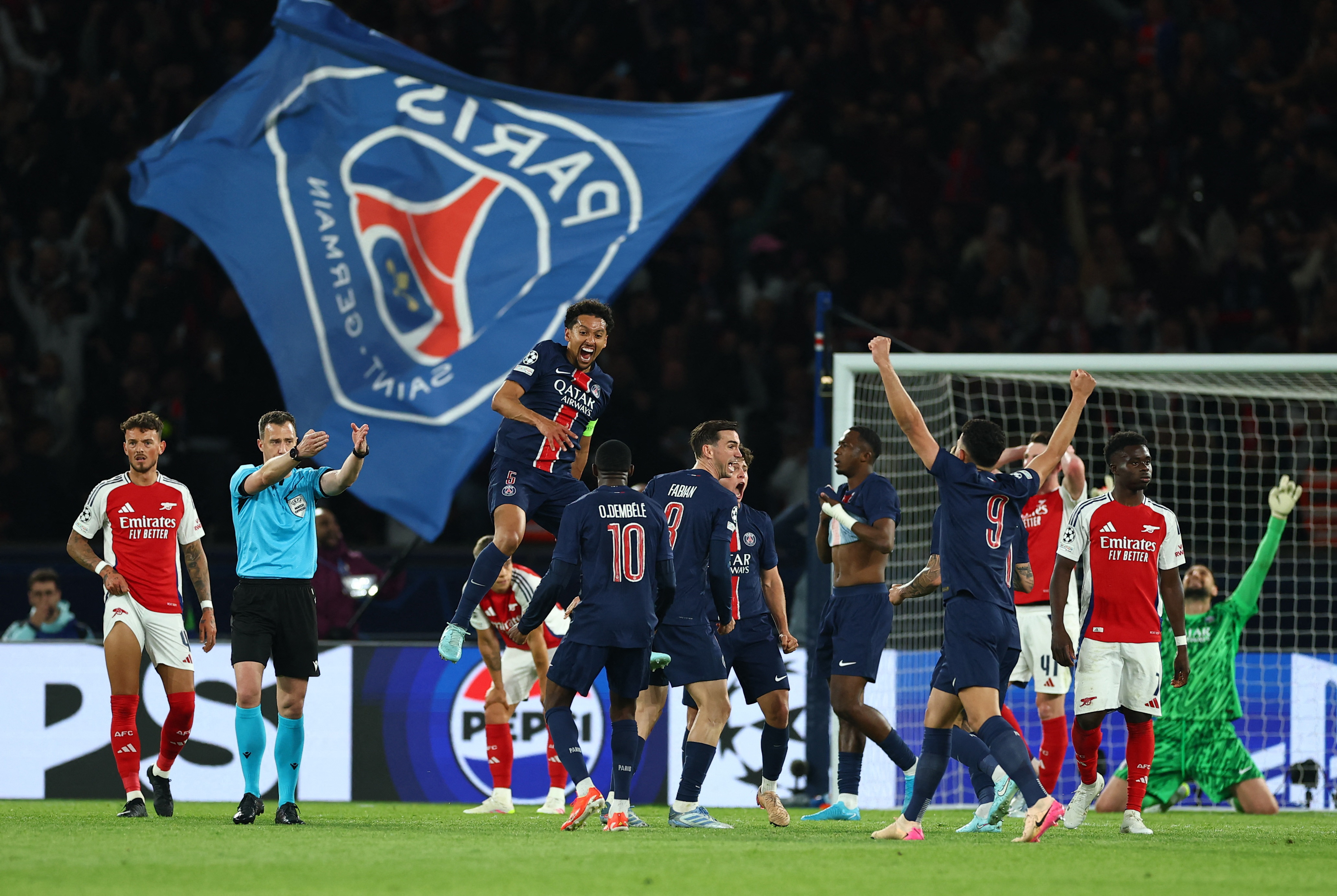 Soccer Football - Champions League - Semi Final - Second Leg - Paris St Germain v Arsenal - Parc des Princes, Paris, France - May 7, 2025 Paris St Germain's Marquinhos celebrates after the match REUTERS/Gonzalo Fuentes