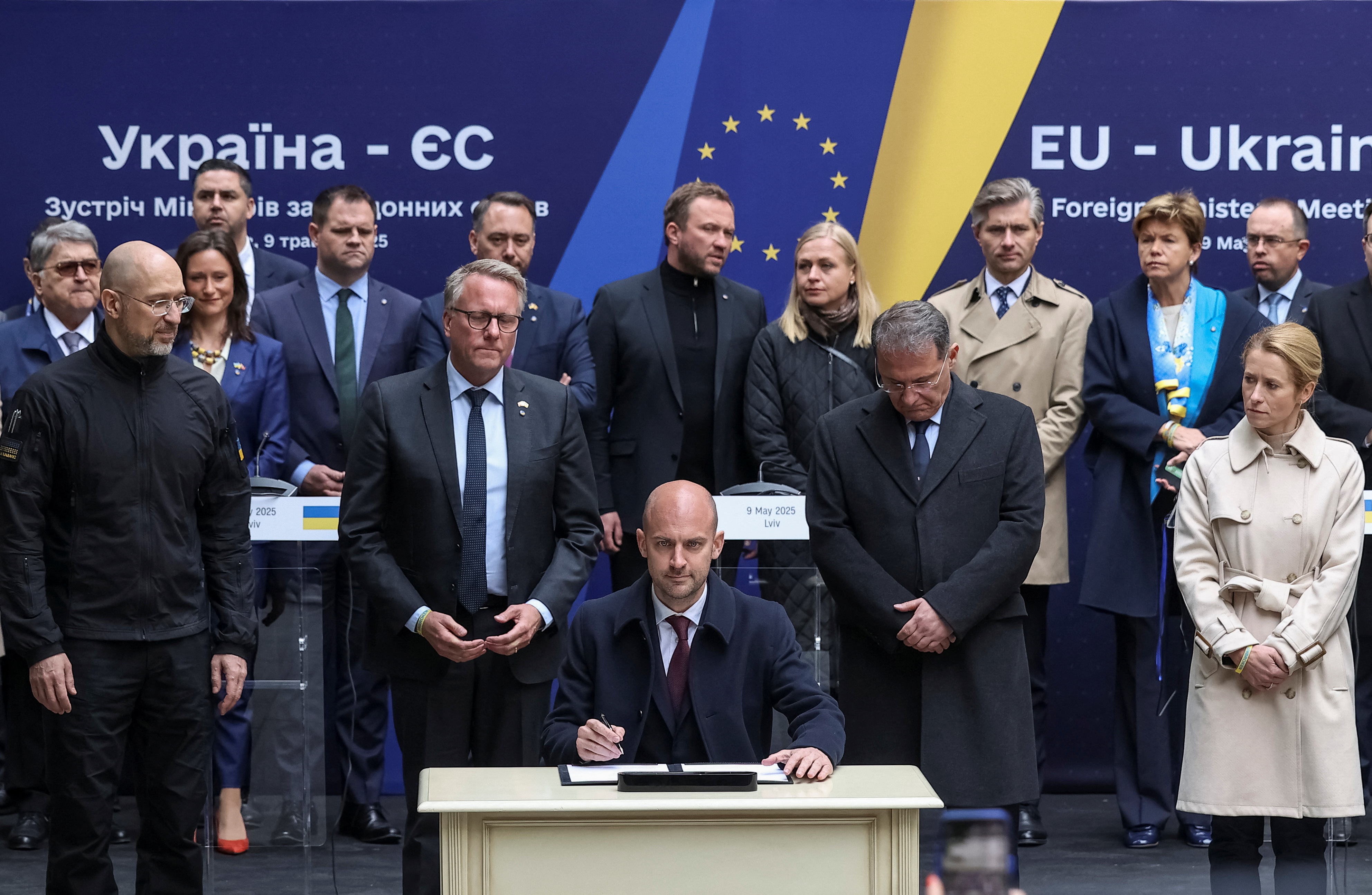 France's Minister for Europe and Foreign Affairs Jean-Noel Barrot and foreign ministers of European countries attend a signing ceremony after a Ukraine-EU meeting,