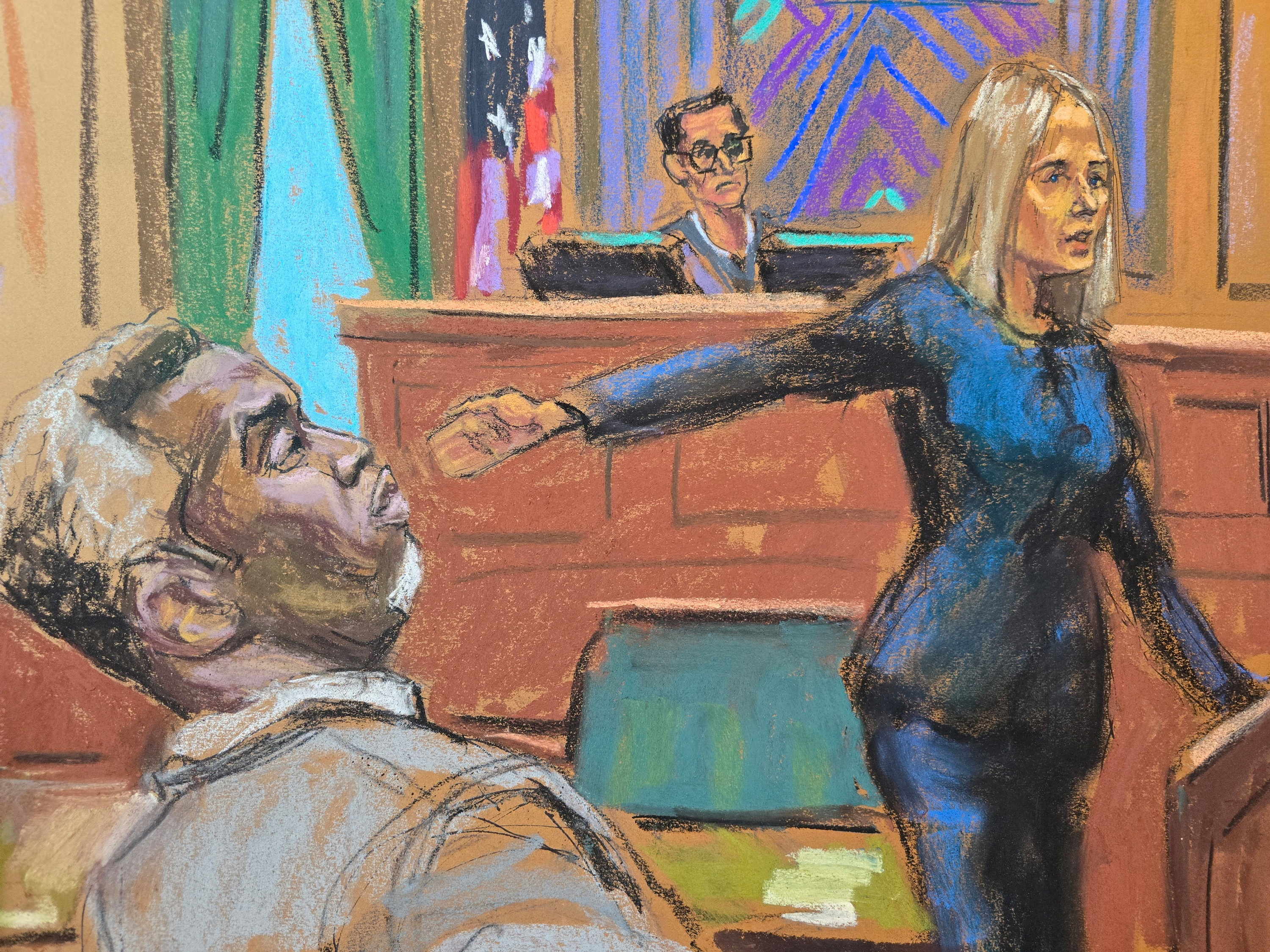 Prosecutor Emily Johnson points to Sean "Diddy" Combs before U.S. District Judge Arun Subramanian at Combs' sex trafficking trial in New York City, New York, U.S., May 12, 2025, in this courtroom sketch. REUTERS/Jane Rosenberg TPX IMAGES OF THE DAY