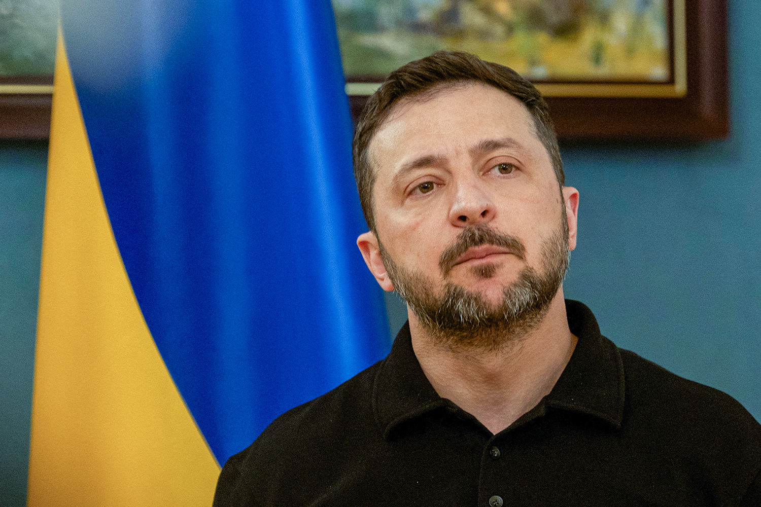 Ukranian President Volodymyr Zelenskyy speaks during a press conference in the grounds of the Mariynsky Palace in Kyiv
