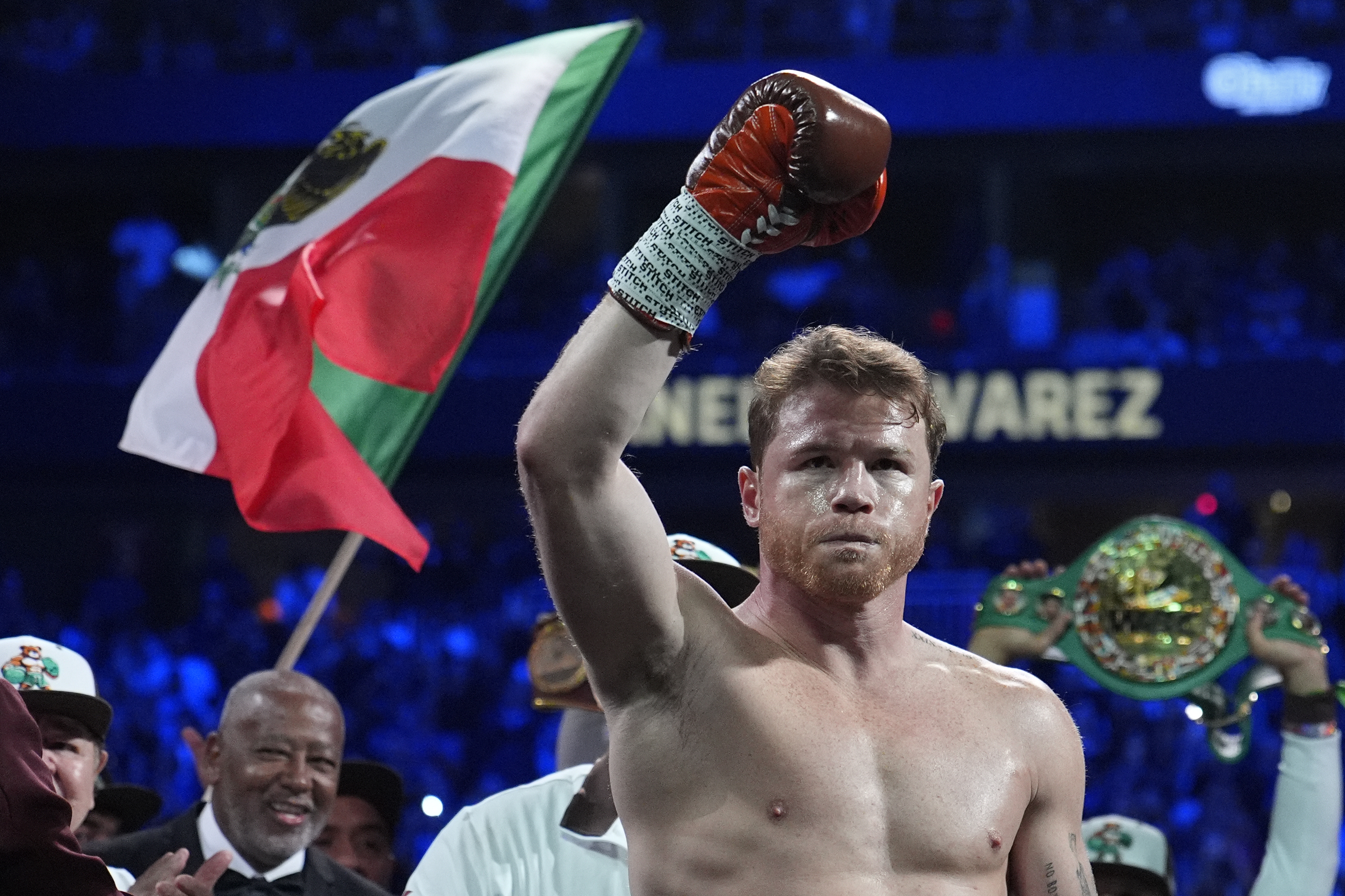 FILE - Canelo Alvarez reacts before fighting Edgar Berlanga in a super middleweight title bout on Sept. 14, 2024, in Las Vegas. (AP Photo/John Locher, File)