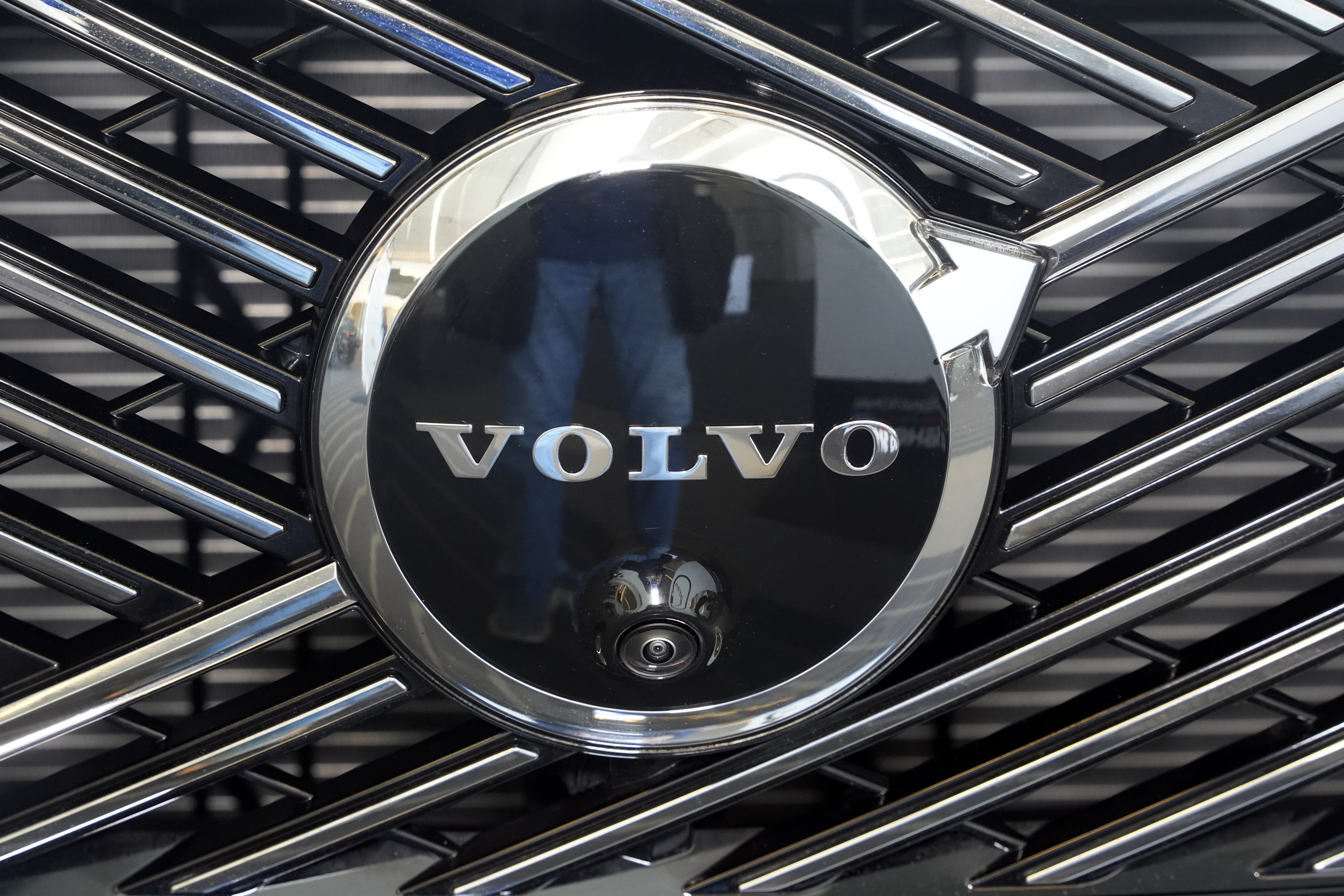 This is the Volvo logo on the grill of a Volvo automobile on display at the Pittsburgh International Auto Show in Pittsburgh, Feb. 14, 2025. (AP Photo/Gene J. Puskar)