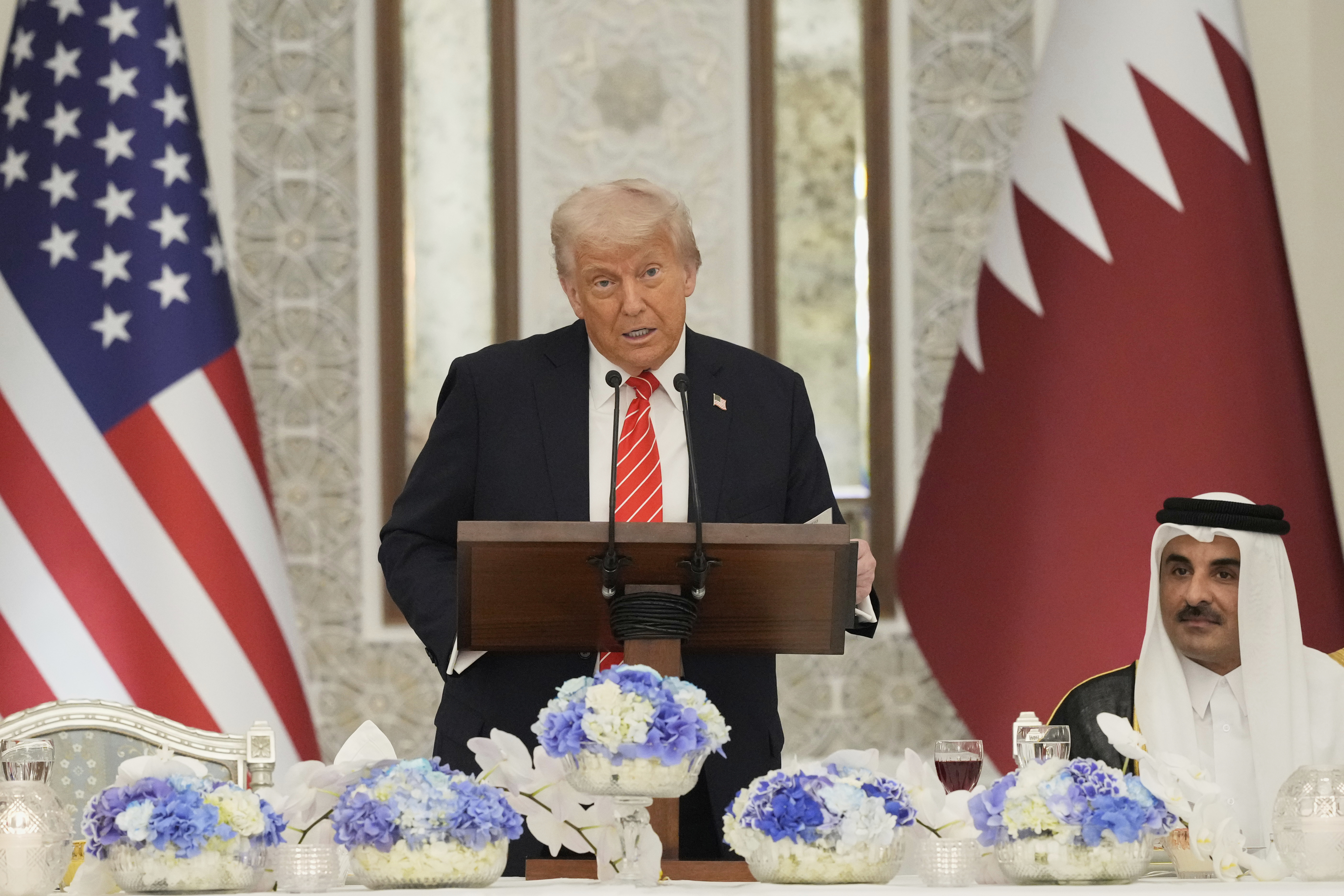 Donald Trump speaks at a state dinner at Lusail Palace.