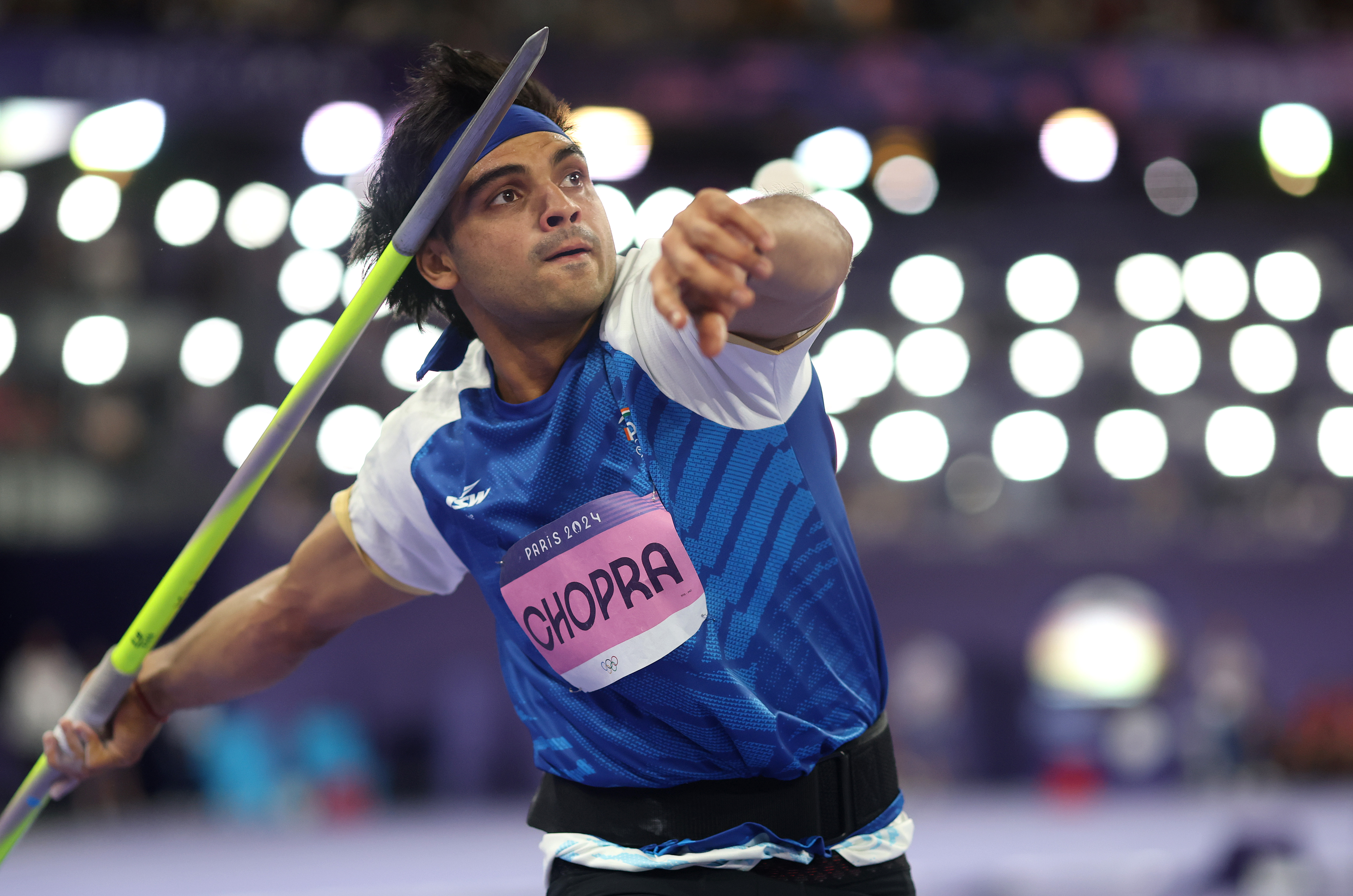 PARIS, FRANCE - AUGUST 08: Neeraj Chopra of Team India competes in the during the Men's Javelin Throw Final on day thirteen of the Olympic Games Paris 2024 at Stade de France on August 08, 2024 in Paris, France. (Photo by Christian Petersen/Getty Images)