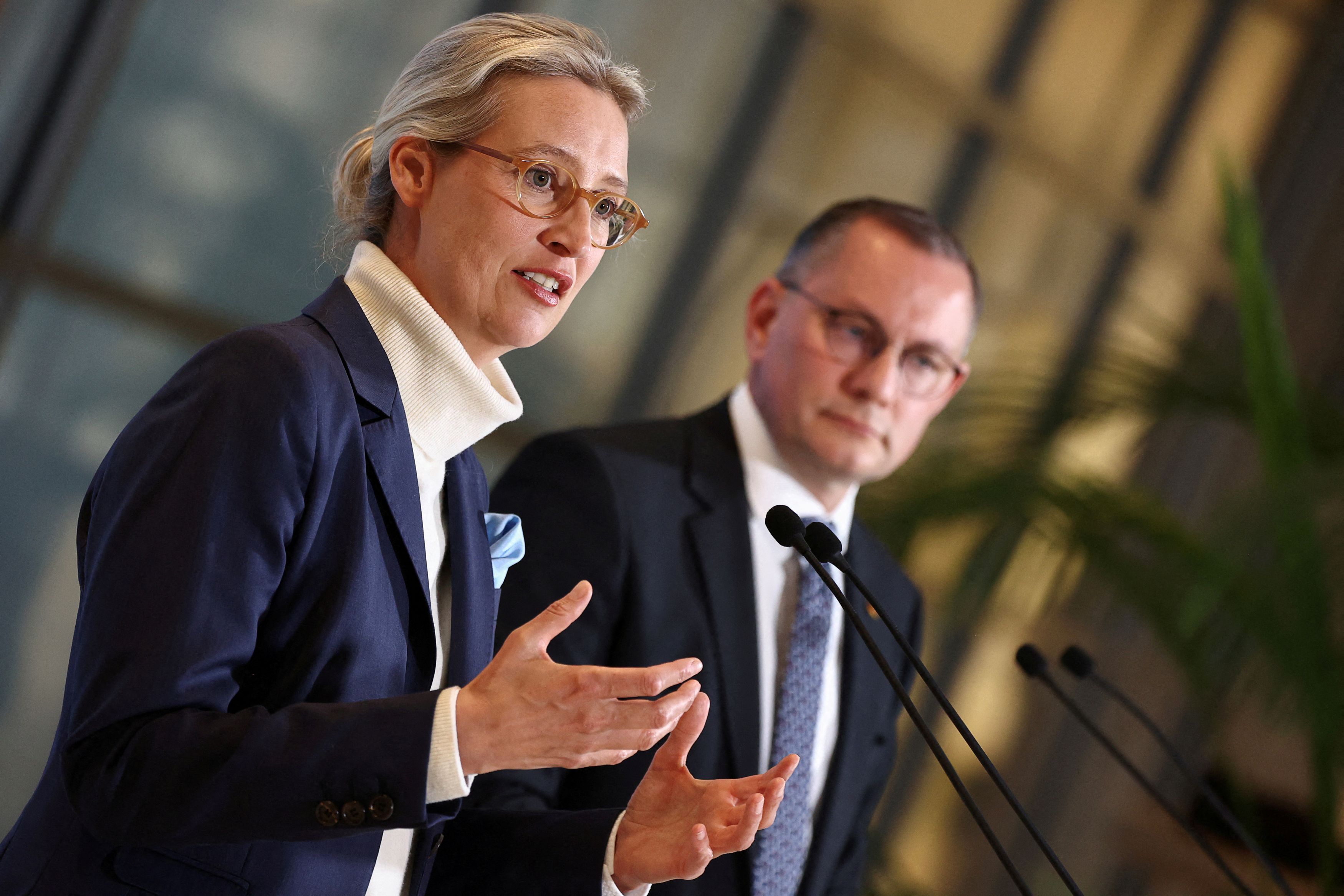 FILE PHOTO: Far-right Alternative for Germany (AfD) co-leaders give a statement in Berlin