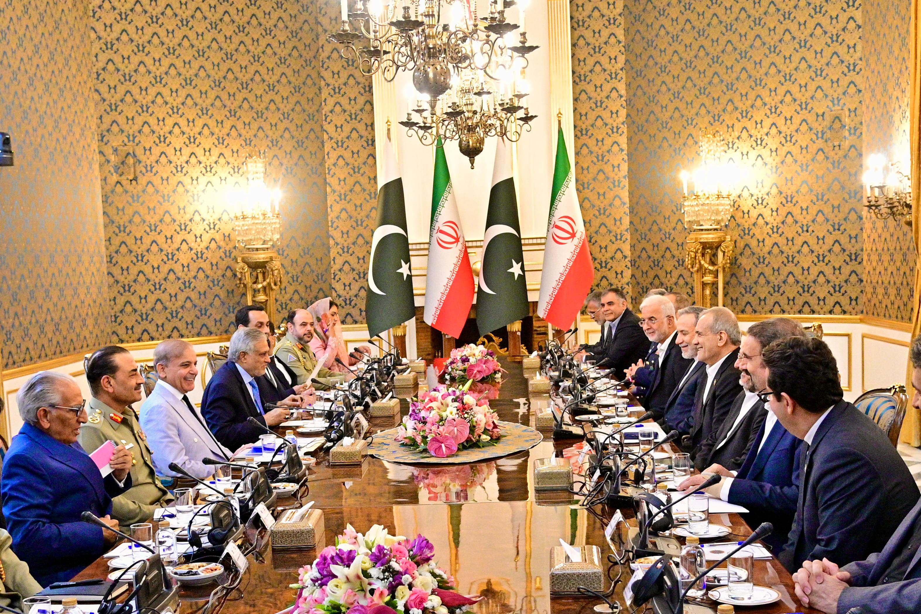 The Pakistani delegation with prime minister Shehbaz Sharif and army chief Asim Munir also made a stop in Iran in their four-country tour. [Handout/Pakistan Prime Minister's Office]
