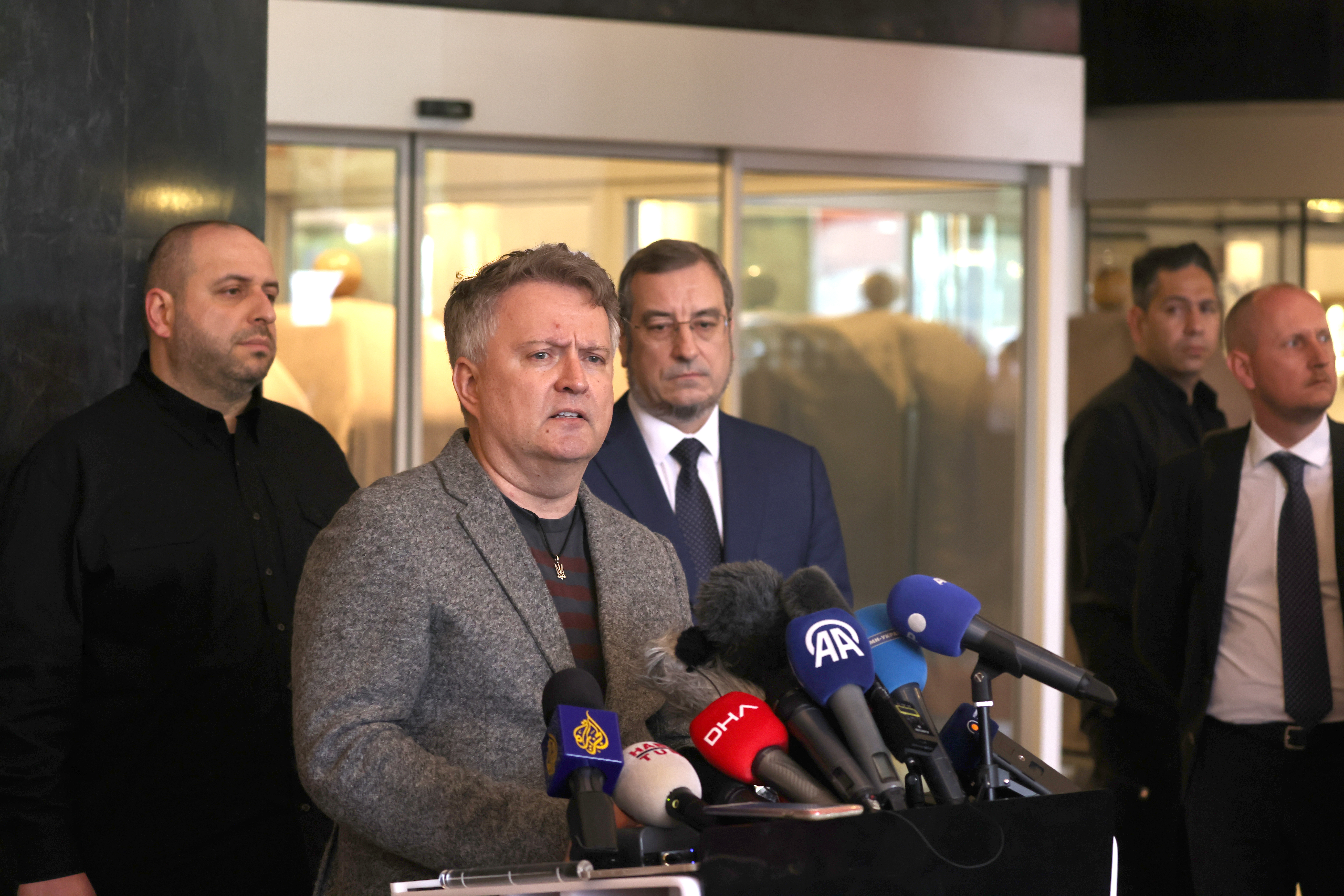 ISTANBUL, TURKEY - MAY 16: Serhii Kyslytsia, First Deputy Minister for Foreign Affairs of Ukraine, speaks to the press after Ukrainian, American and Russian delegates met for Ukraine-Russia peace talks on May 16, 2025 at the office of Turkish President in Dolmabahce Palace in Istanbul, Turkey. Under pressure from the United States to negotiate with Russia, President Zelensky had challenged Russian President Vladimir Putin to meet him in Turkey for direct negotiations, although Putin declined the invitation. US Secretary of State Marco Rubio also attended the talks, but has said that US President Donald Trump and Russian President Vladimir Putin need to meet for progress to be made. (Photo by Burak Kara/Getty Images)