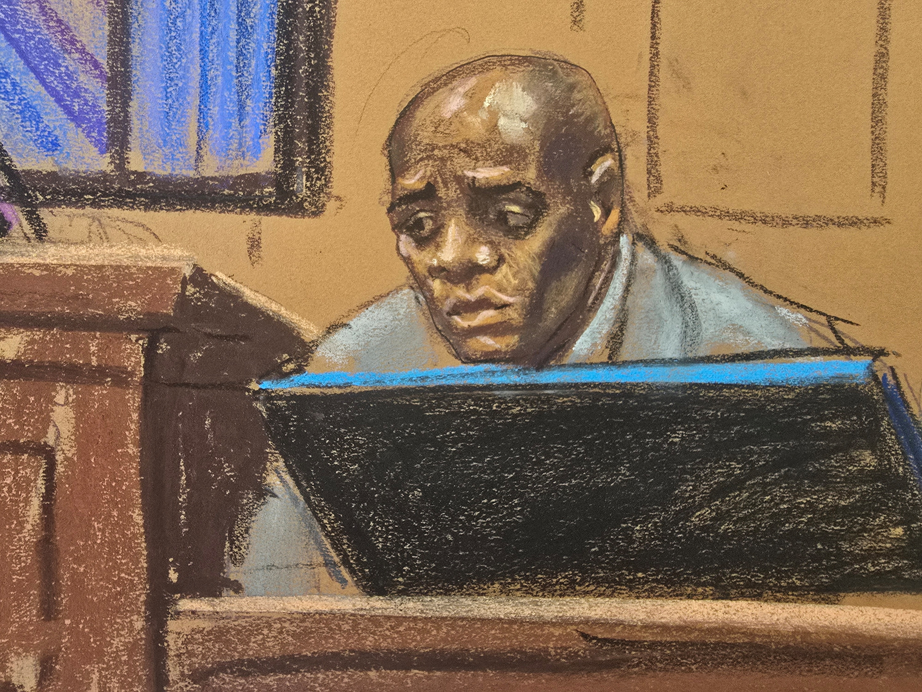 Stripper Daniel Phillip, the prosecution's second witness, testifies at Sean "Diddy" Combs' sex trafficking trial in New York City, New York, U.S., May 12, 2025 in this courtroom sketch. REUTERS/Jane Rosenberg