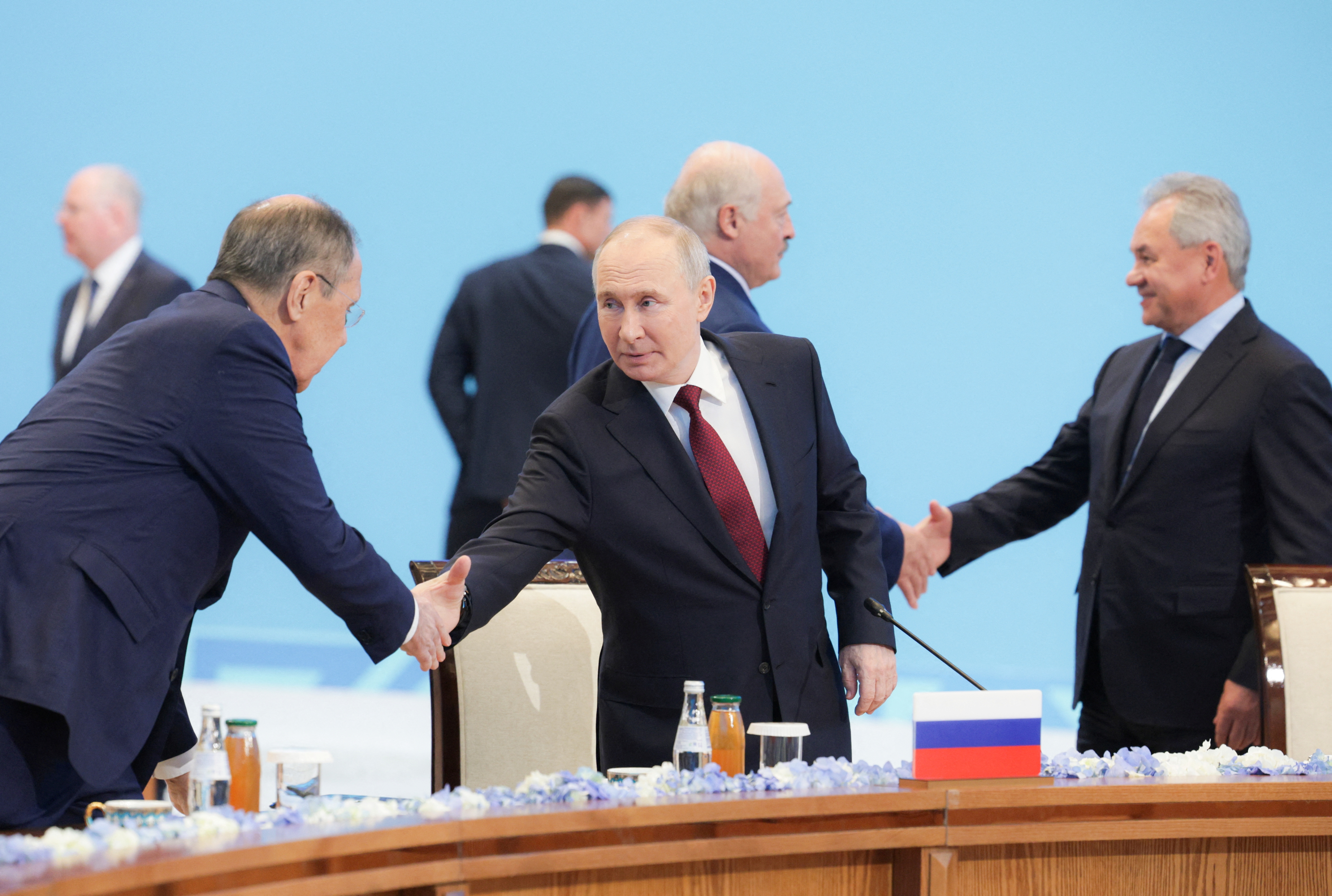 Russian President Vladimir Putin, Foreign Minister Sergei Lavrov, Security Council Secretary Sergei Shoigu and Belarusian President Alexander Lukashenko shake hands during the Collective Security Treaty Organisation (CSTO) summit in Astana, Kazakhstan, November 28, 2024. Sputnik/Gavriil Grigorov/Kremlin via REUTERS ATTENTION EDITORS - THIS IMAGE WAS PROVIDED BY A THIRD PARTY.