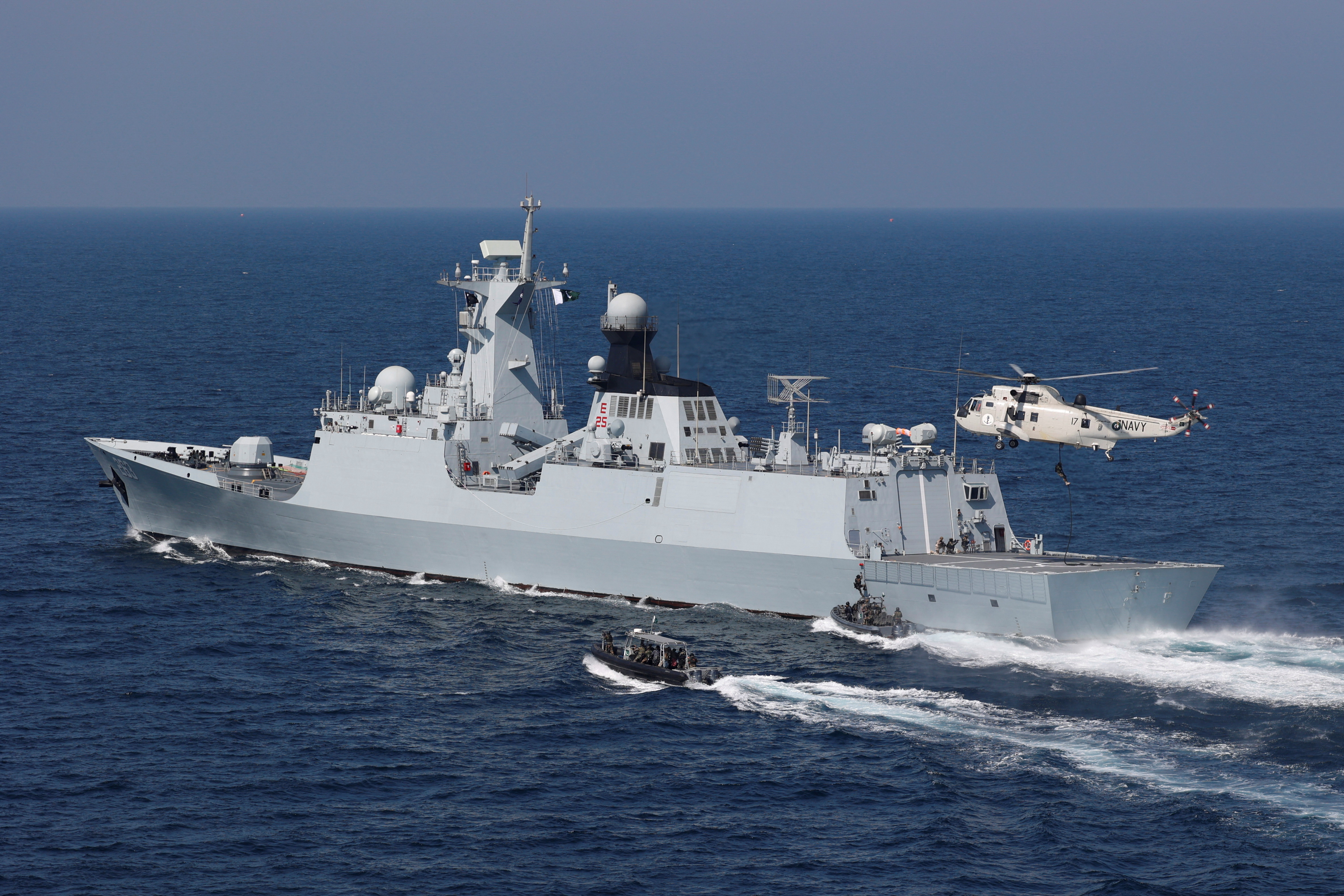 Pakistan Navy's special force conducts a joint counter-piracy demo during the sea phase of Pakistan Navy's 9th Multinational Maritime Exercise AMAN-25 under the slogan "Together for Peace" in the Arabian Sea near Karachi, Pakistan, February 10, 2025. REUTERS/Akhtar Soomro