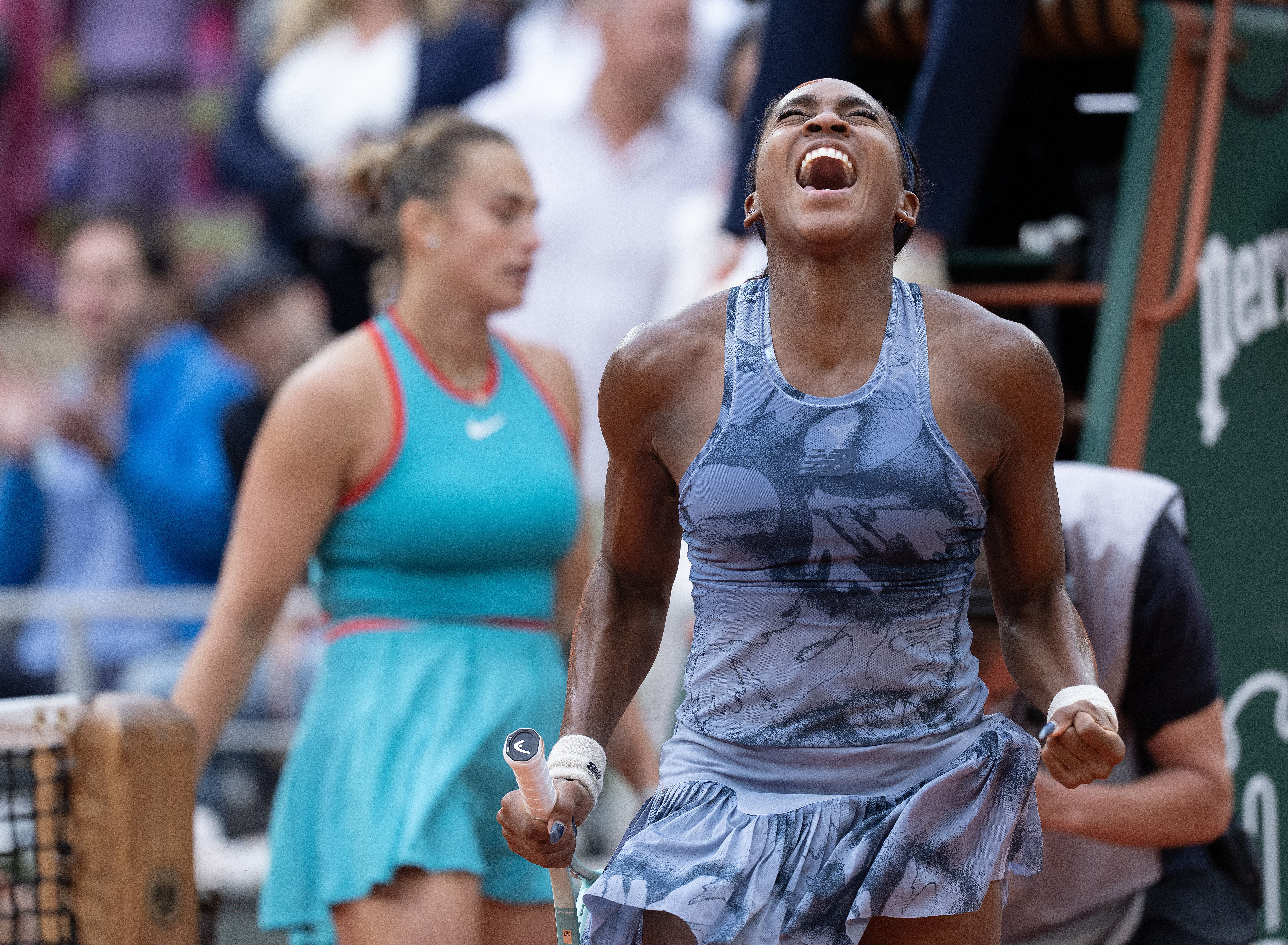 Coco Gauff of the United States celebrates winning the womenÕs singles final against Aryna Sabalenka on day 14 at Roland Garros Stadium.