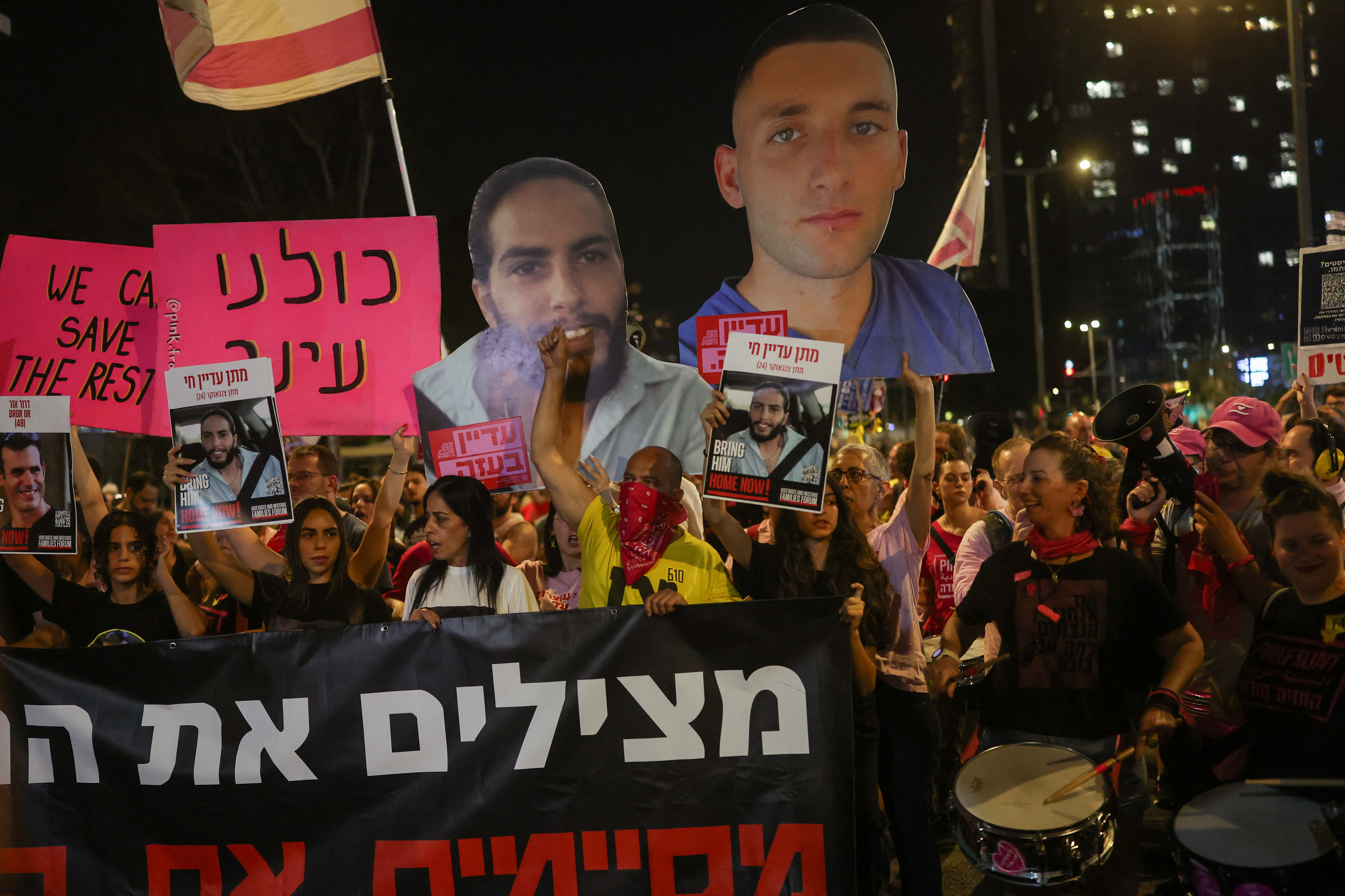 Demonstrators take part in a protest demanding the release of all Israeli hostages kidnapped during the October 7