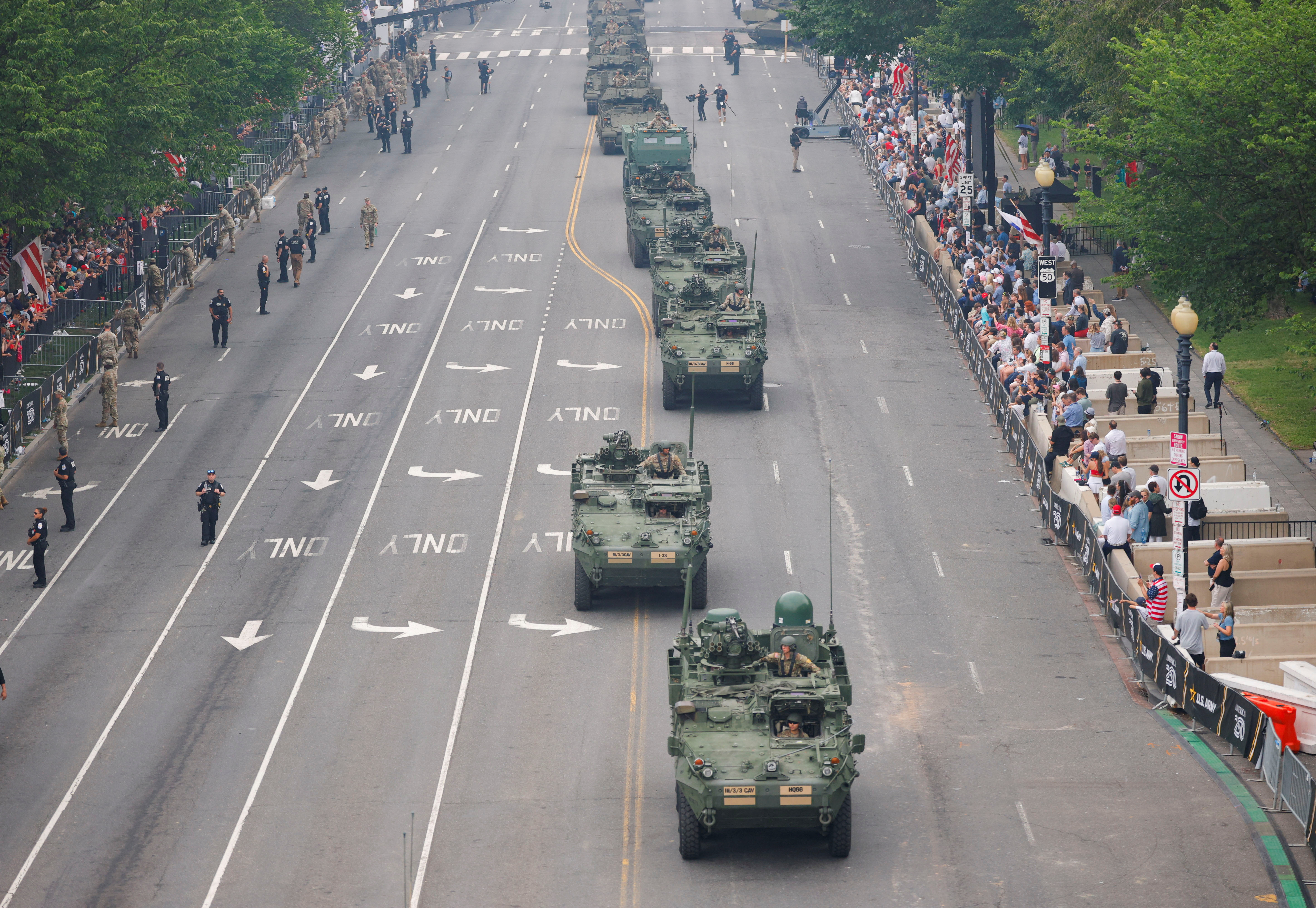 Armored vehicles take part in a military parade to commemorate the U.S. Army’s 250th Birthday Parade in Washington, D.C., U.S., June 14, 2025. REUTERS/Brian Snyder 