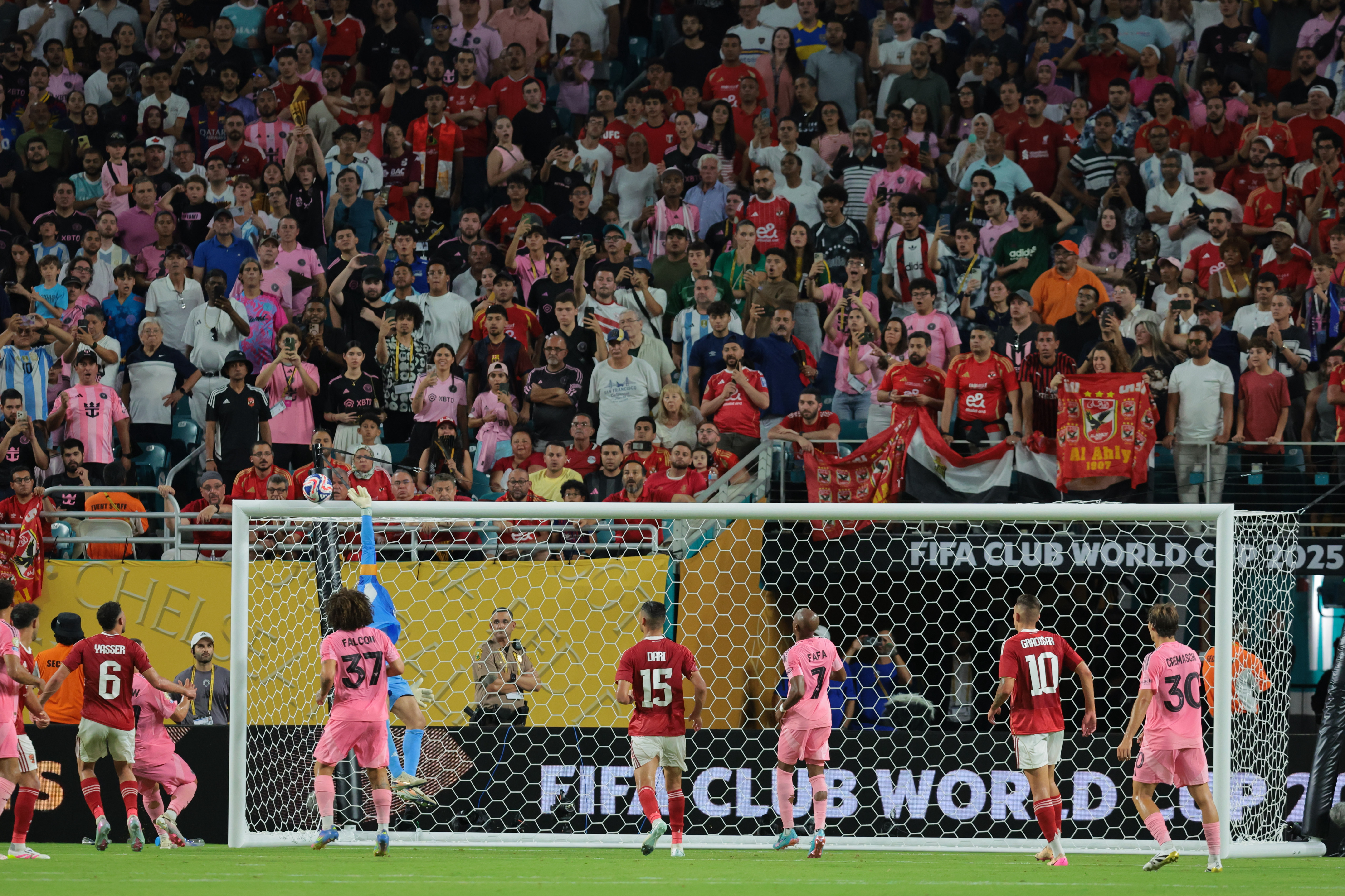 A shot from Inter Miami CF forward Lionel Messi (10) hits the post during the second half against Al Ahly FC during a group stage match of the 2025 FIFA Club World Cup