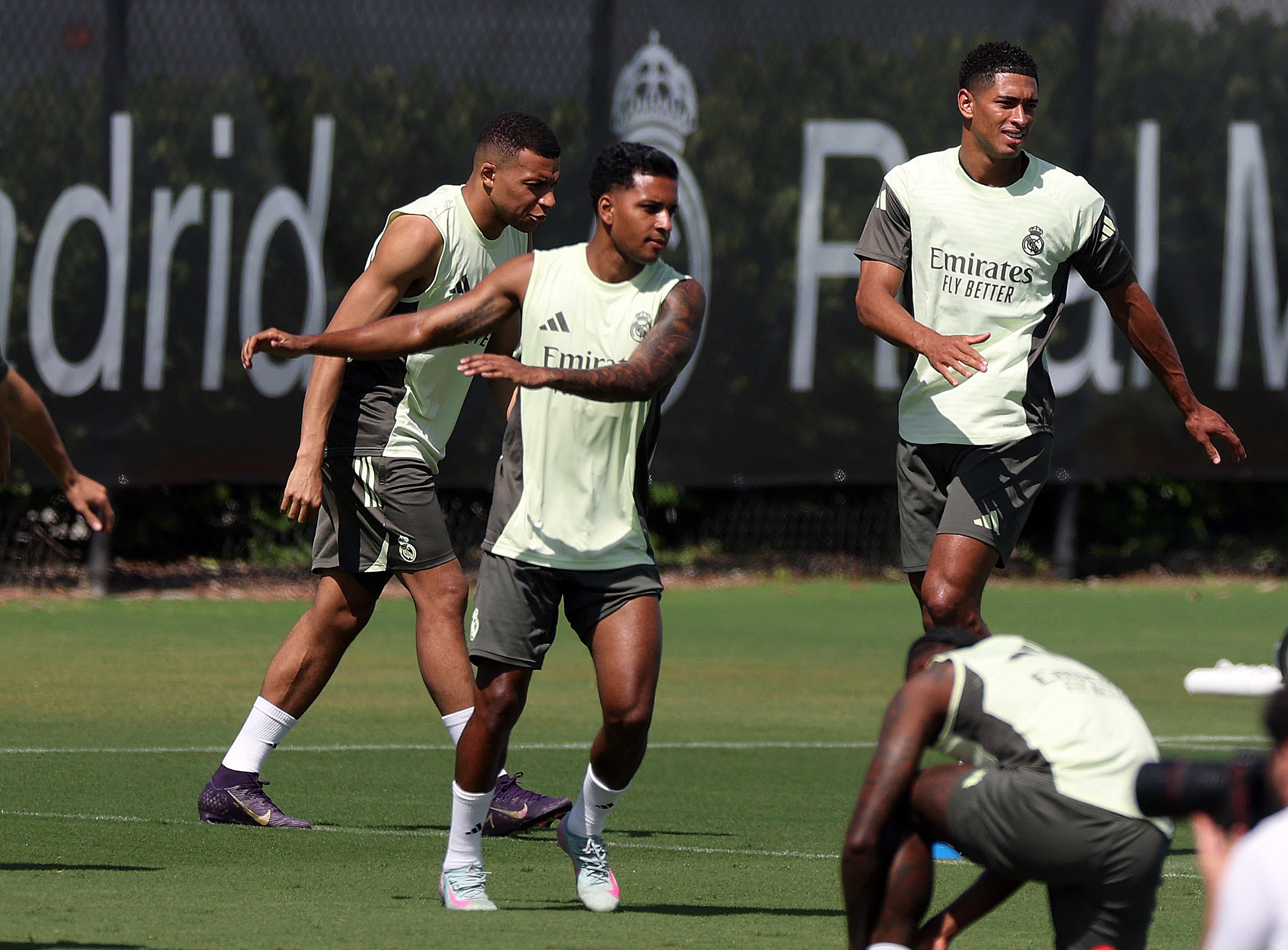 Real Madrid's Kylian Mbappe, Rodrygo and Jude Bellingham during training ahead of FIFA Club World Cup match against Al Hilal