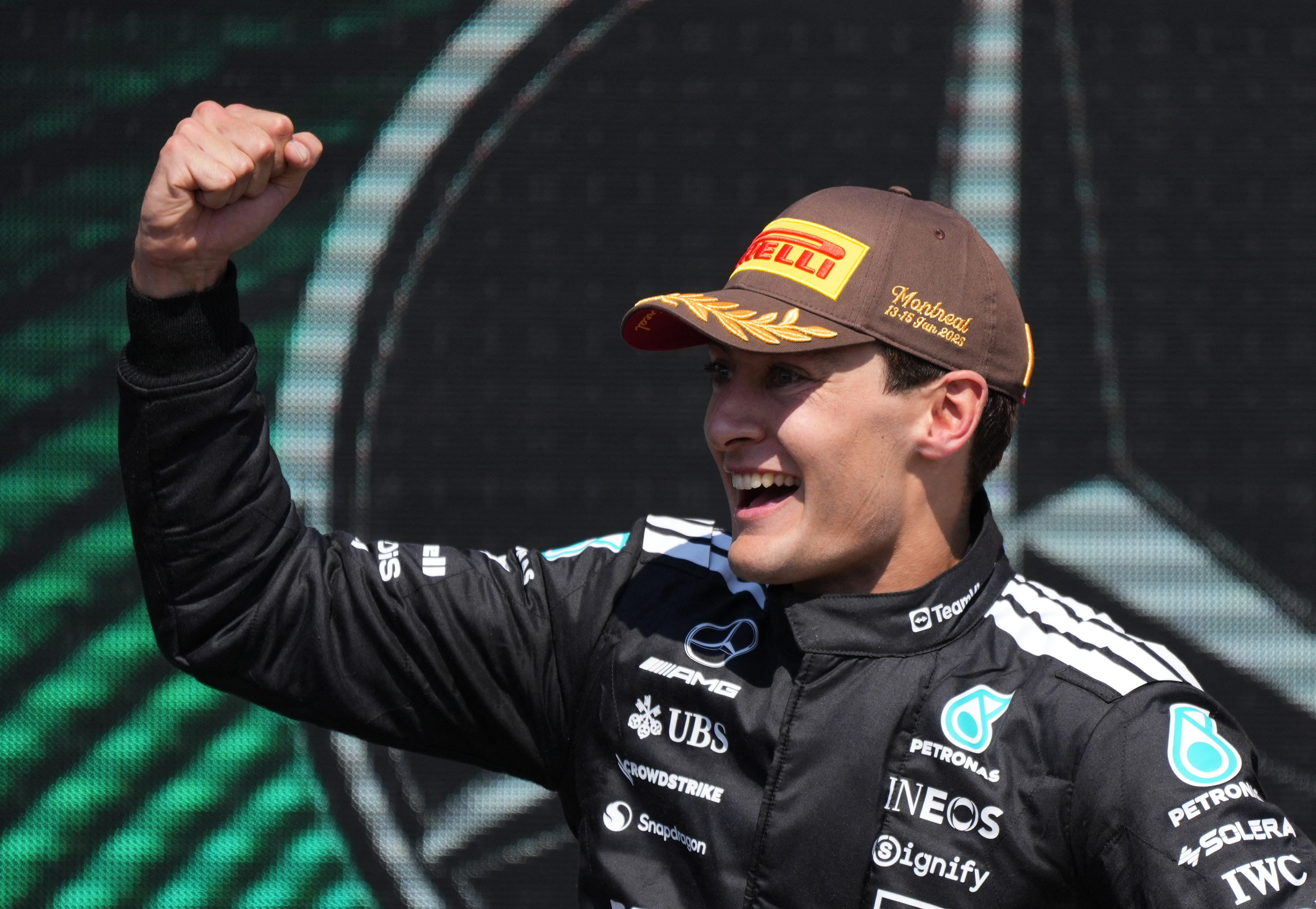 George Russell reacts.