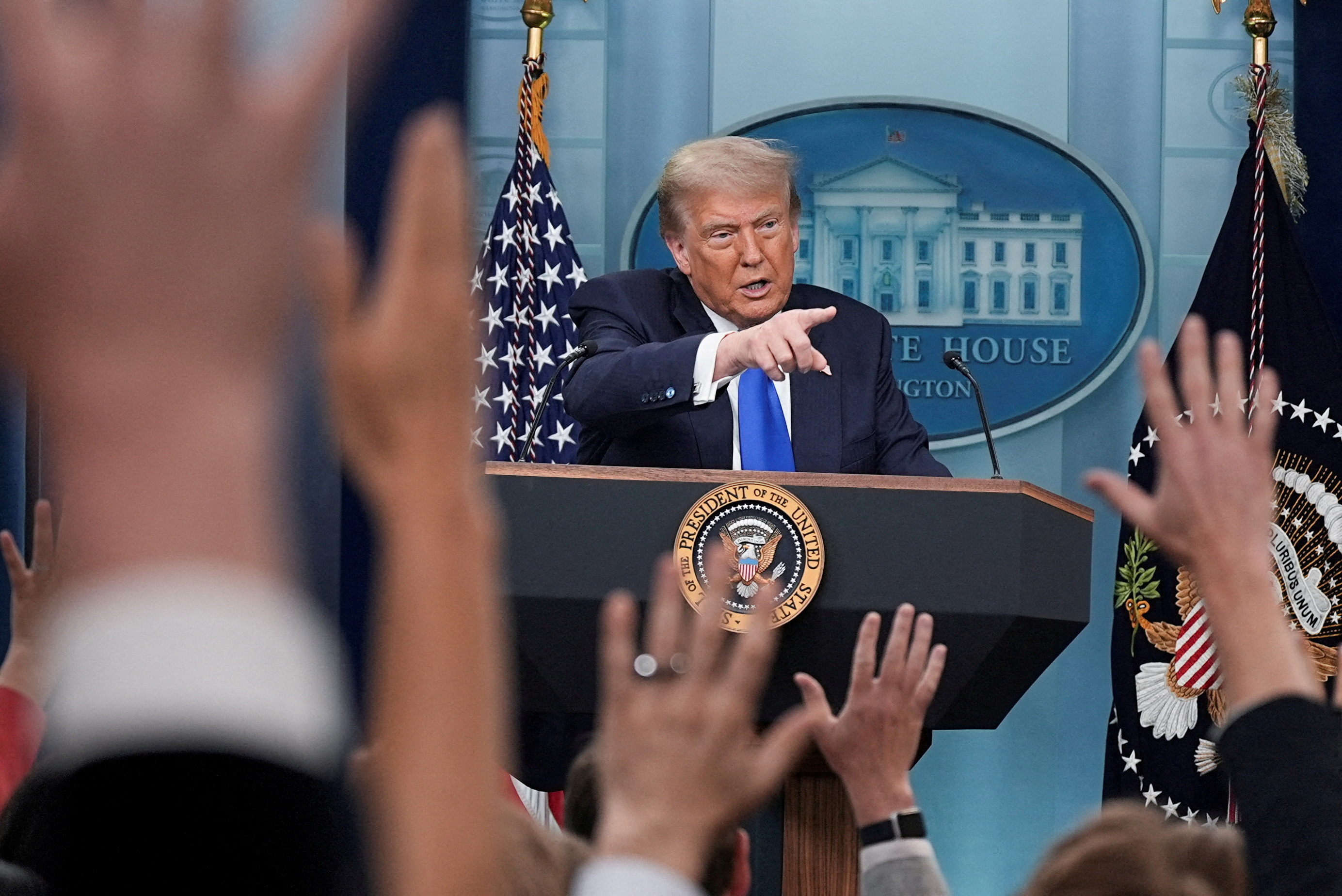 U.S. President Donald Trump speaks to the media in the Press Briefing Room at the White House in Washington D.C., June 27, 2025. REUTERS/Ken Cedeno