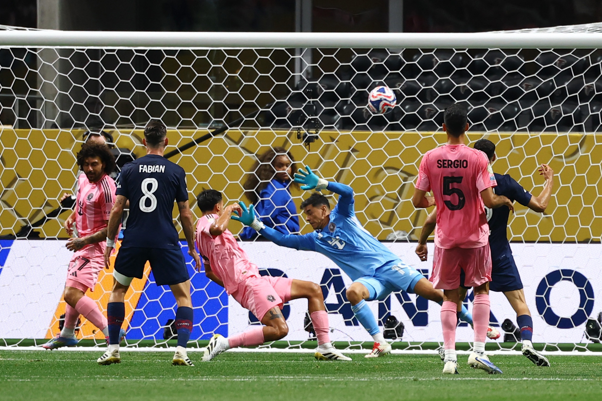 Paris St Germain's Achraf Hakimi scores their fourth goal