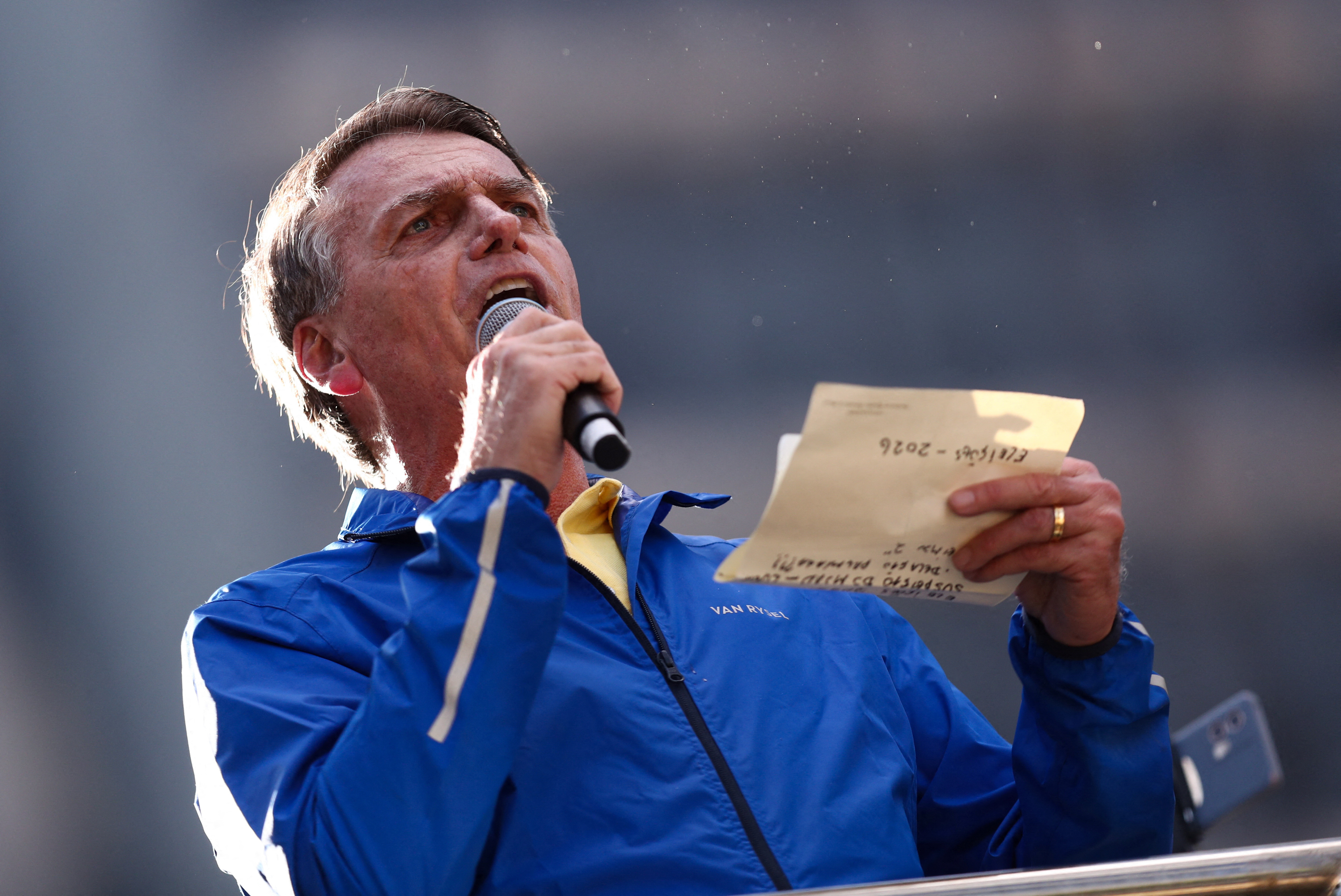 Former Brazilian President Jair Bolsonaro speaks during a demonstration in his support, ahead of his trial in the Supreme Federal Court,
