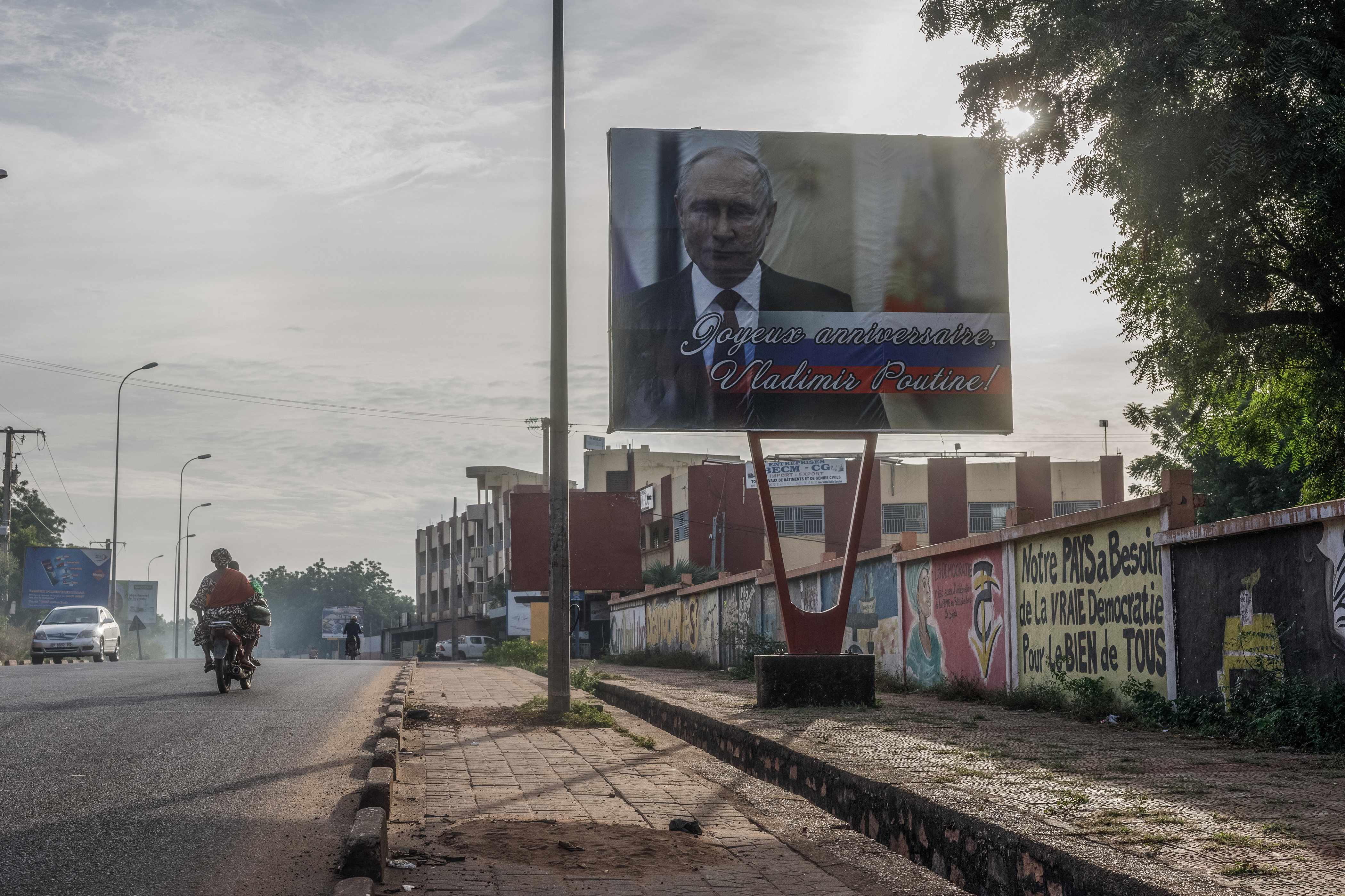 A billboard carrying birthday wishes to Russian President Vladimir Putin in Bamako on October 12, 2024