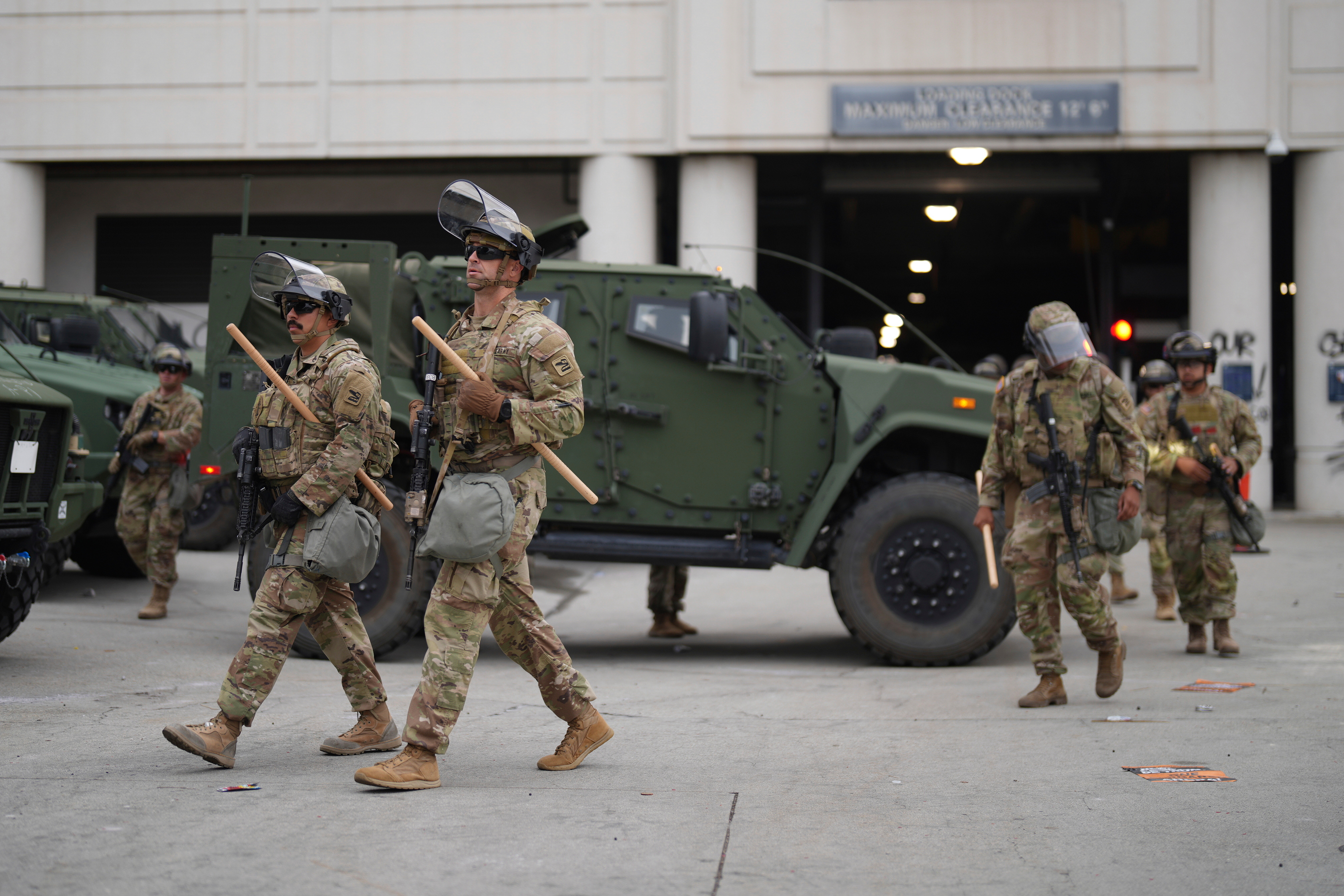 U.S. National Guard are deployed around downtown Los Angeles,.