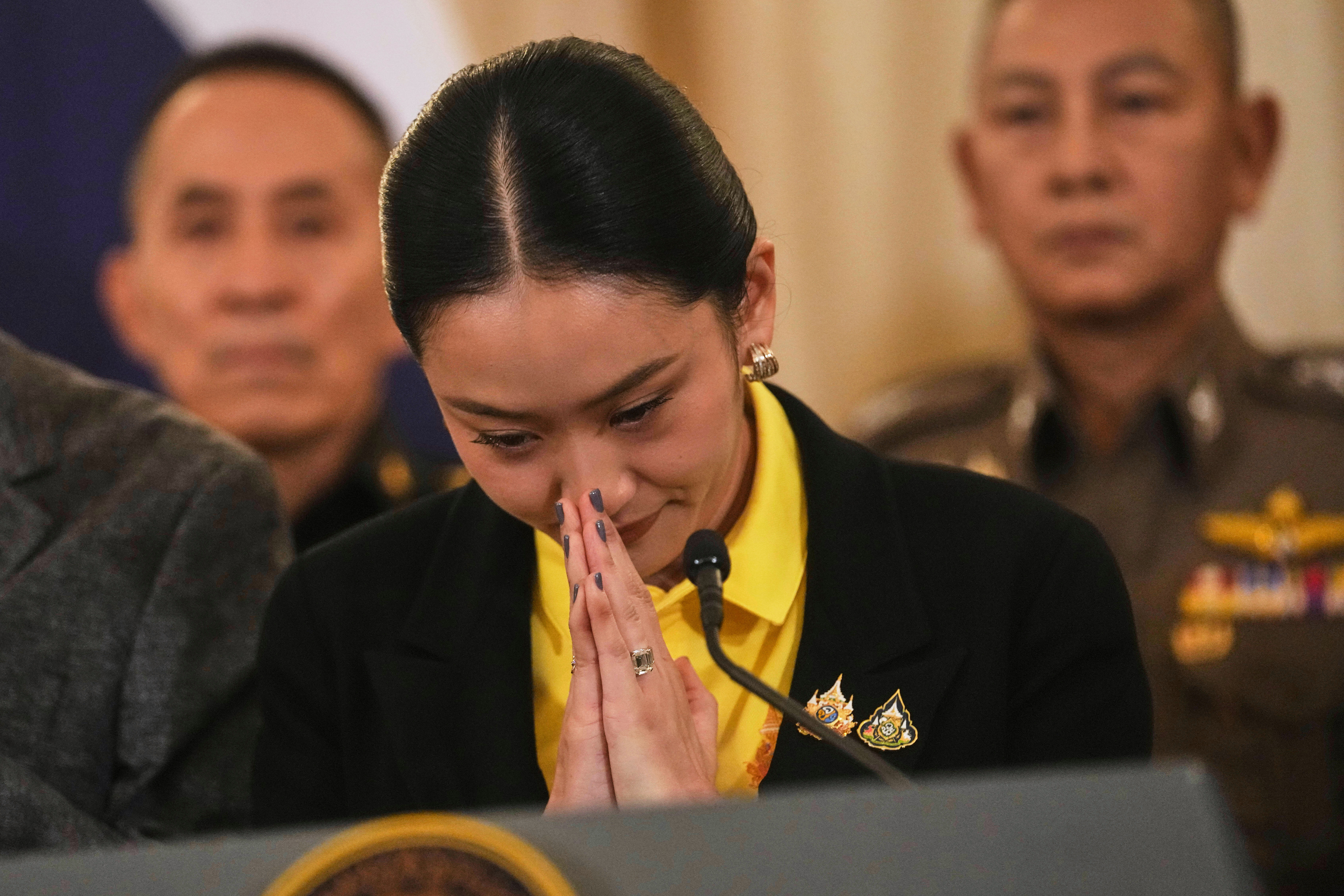 Thailand's Prime Minister Paetongtarn Shinawatra addresses reporters at Government House in Bangkok, Thailand amid a political crisis.