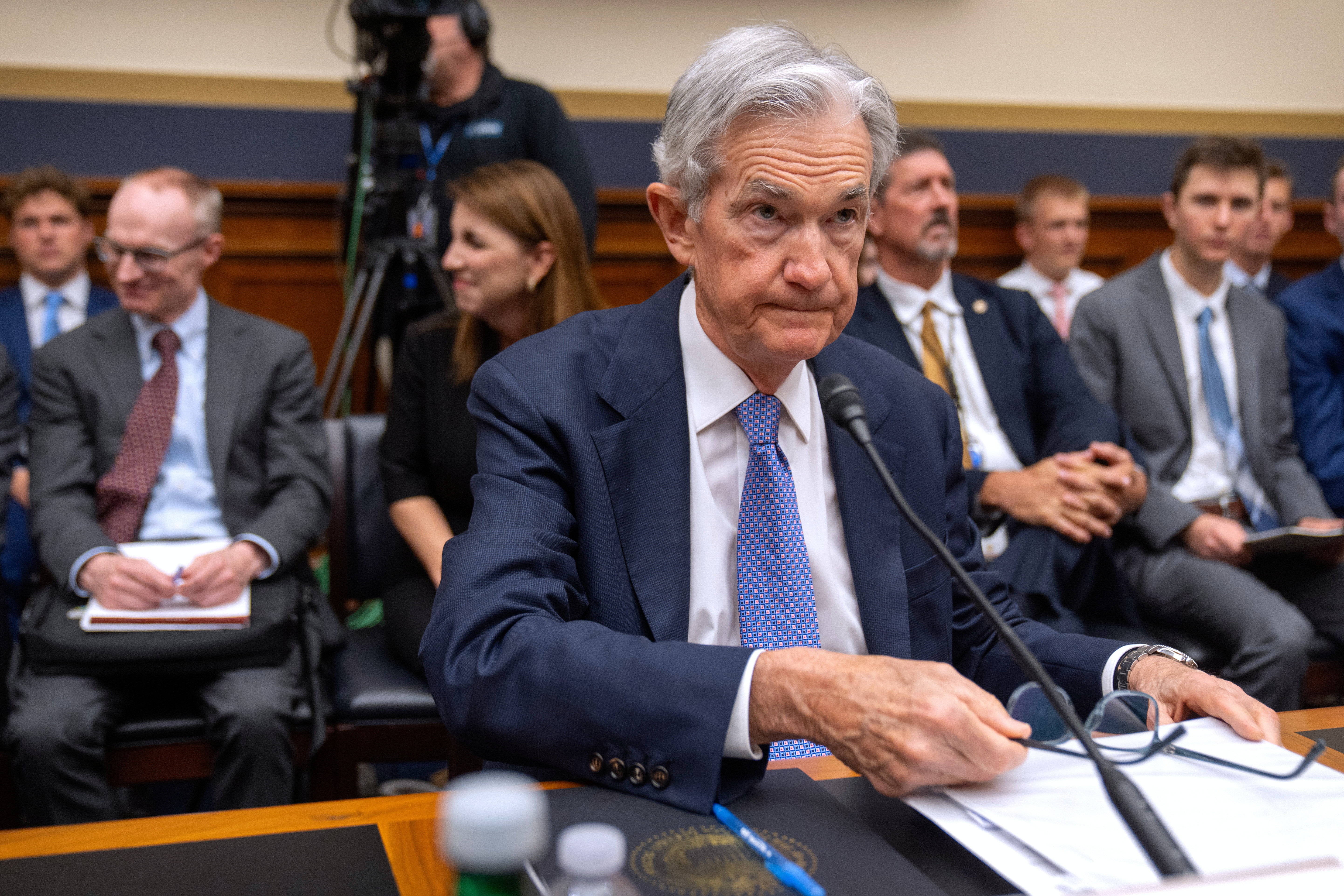 Federal Reserve Board Chairman Jerome Powell arrives for a hearing of the House Committee on Financial Services on Capitol Hill, Tuesday, June 24, 2025, in Washington. (AP Photo/Mark Schiefelbein)