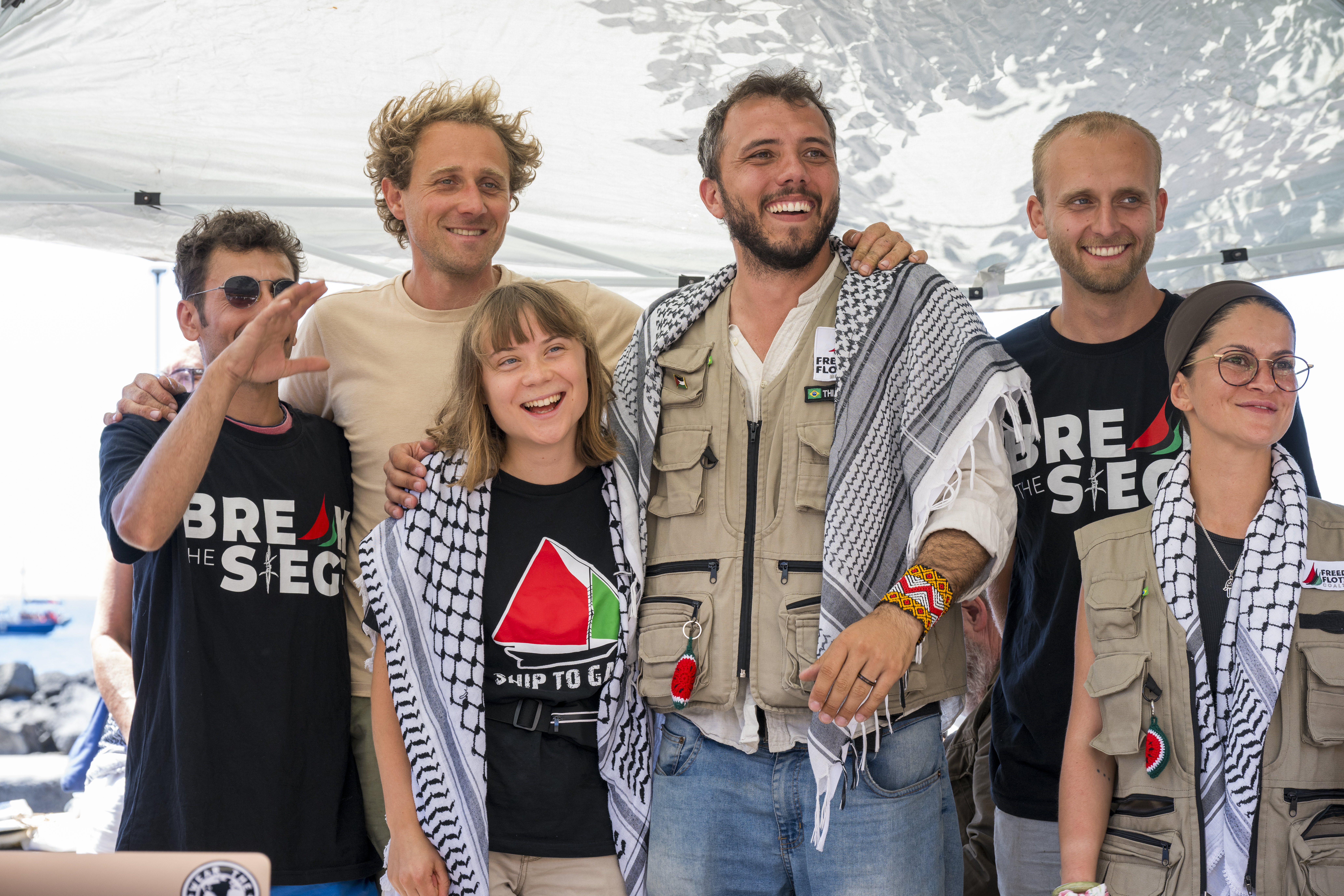 Greta Thunberg (centre) with part of the crew of the ship Madleen, shortly before departure from Catania, Italy