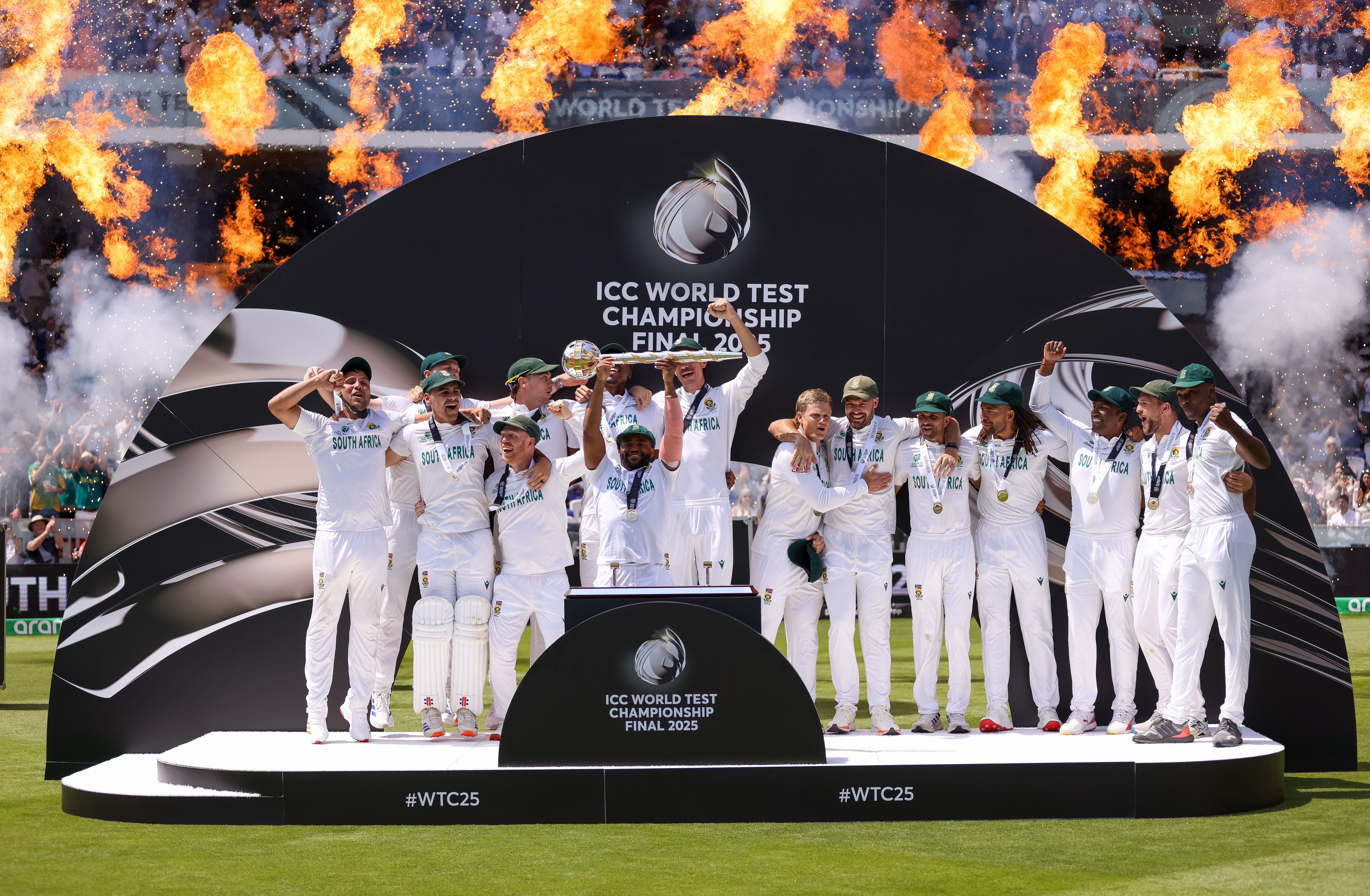 Kagiso Rabada of South Africa celebrates with the trophy after winning the final during day 4 of the ICC World Test Championship, final match between South Africa and Australia at Lords Cricket Ground